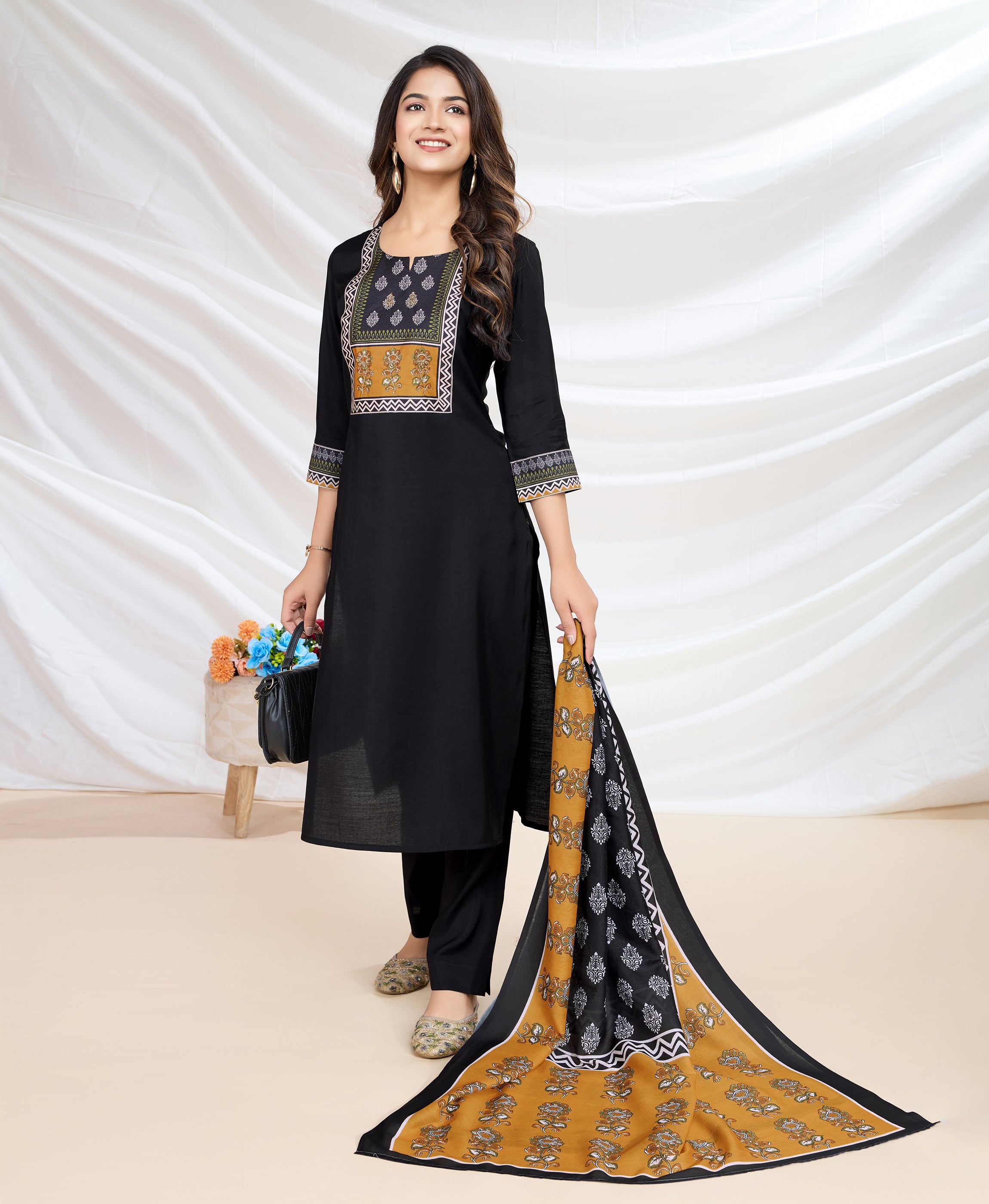 Her Couture Women's Black Blend Viscose Silk Ethnic Motifs Straight Kurta With Pant & Printed Dupatta