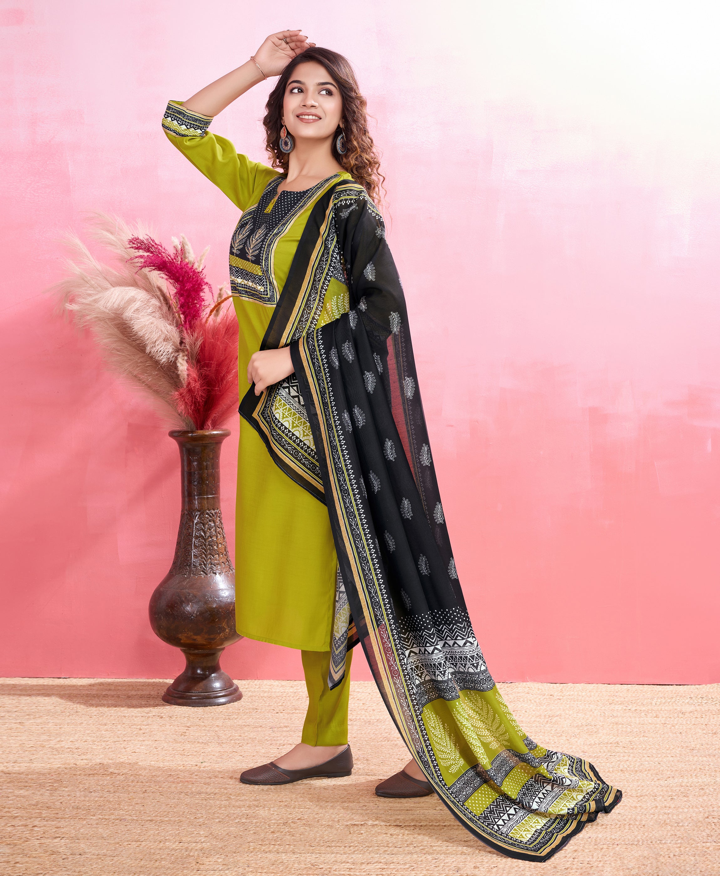 Her Couture Women's Lime Green Blend Viscose Silk Geometric Straight Kurta With Pant & Printed Dupatta