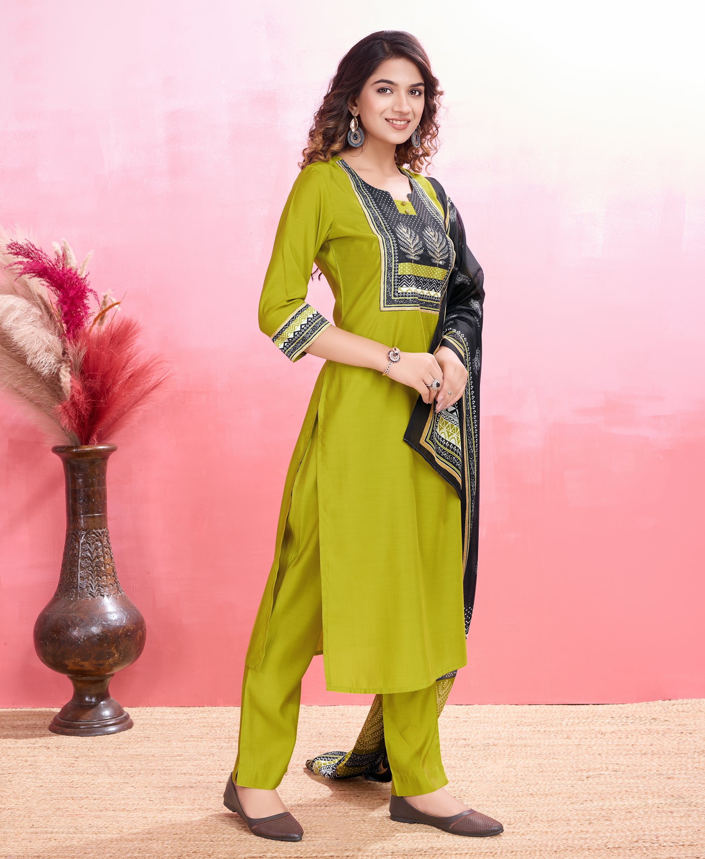 Her Couture Women's Lime Green Blend Viscose Silk Geometric Straight Kurta With Pant & Printed Dupatta