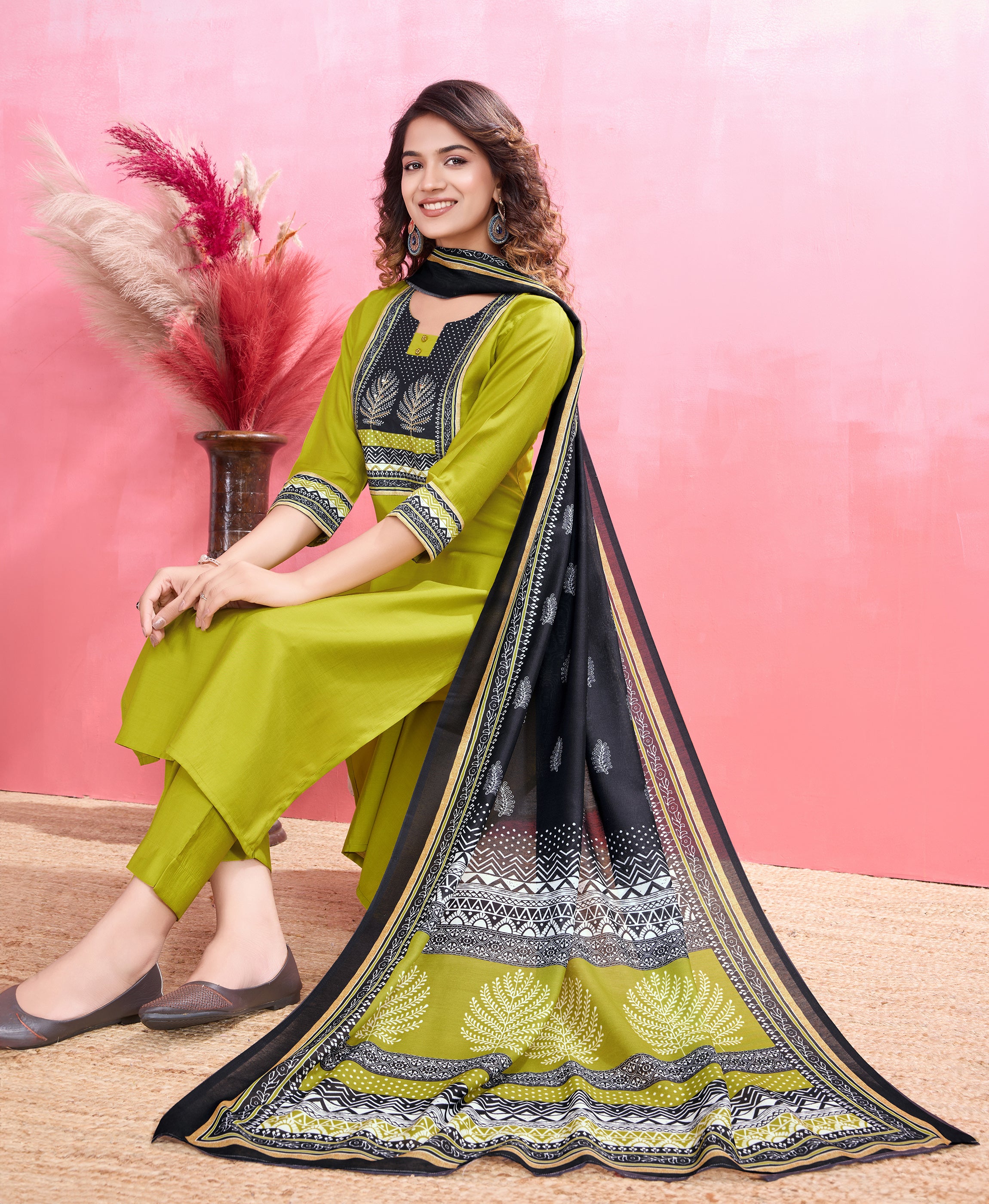 Her Couture Women's Lime Green Blend Viscose Silk Geometric Straight Kurta With Pant & Printed Dupatta