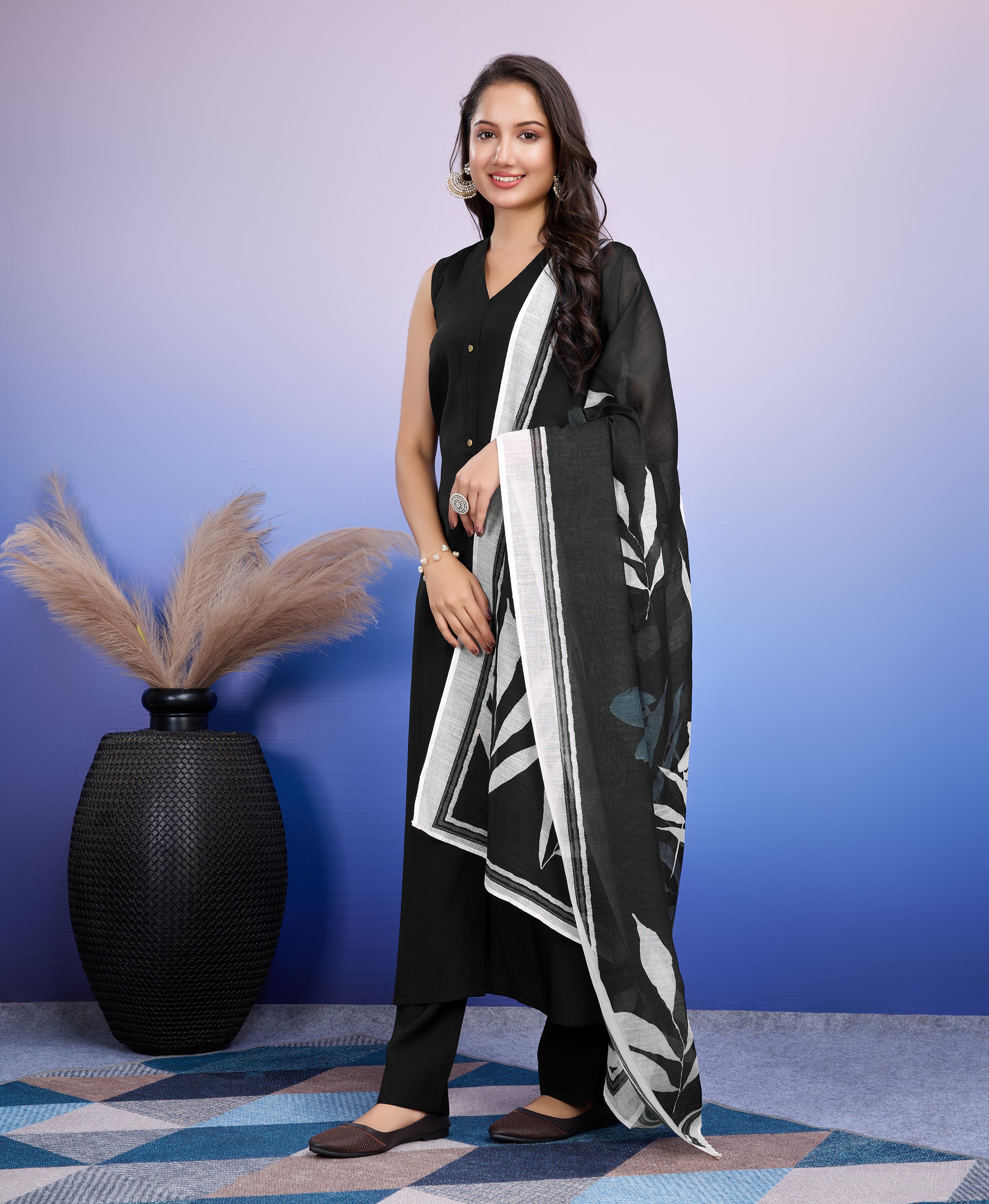 Her Couture Women's Black Roman Silk Solid Straight Kurta With Pant & Printed Dupatta