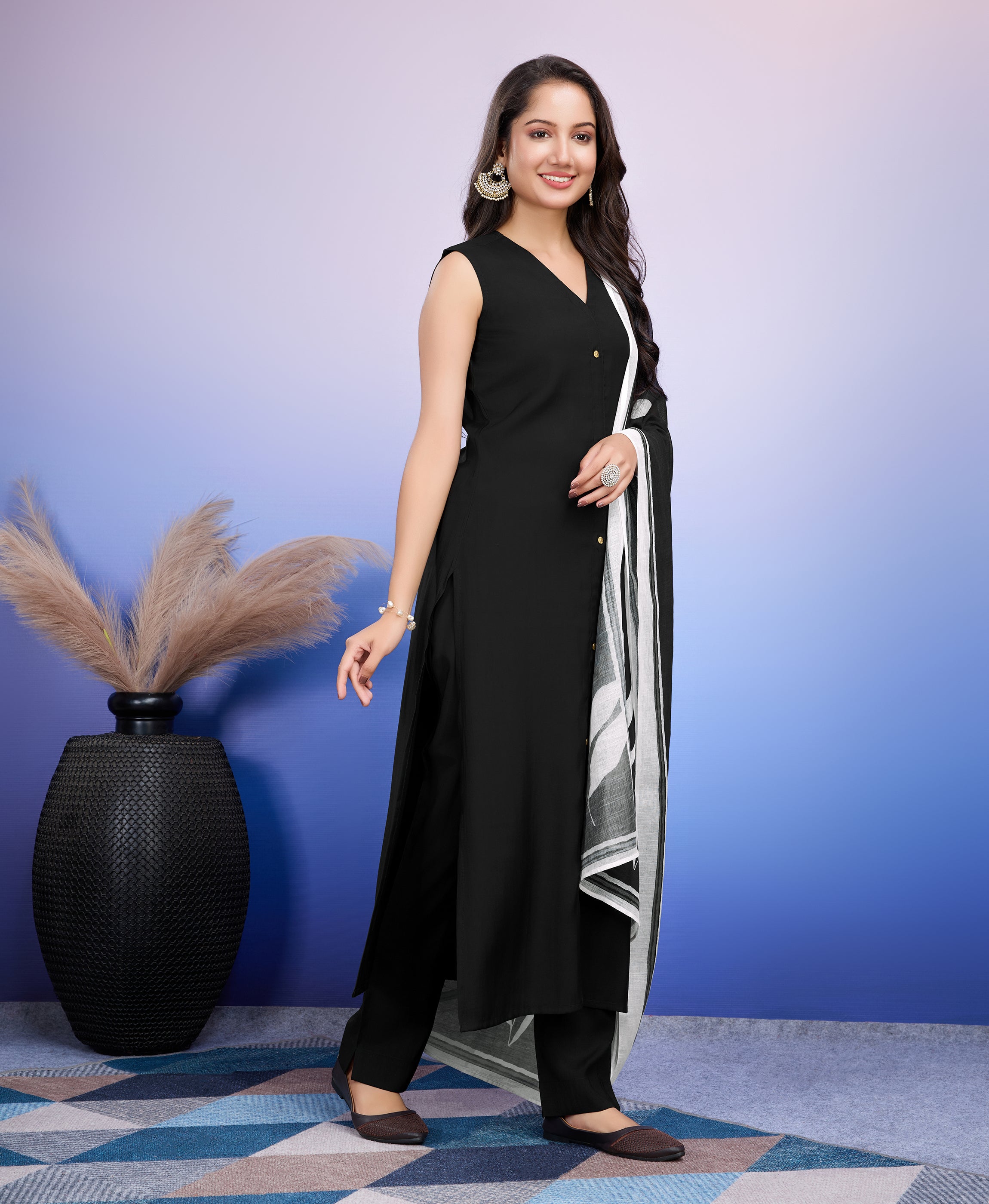 Her Couture Women's Black Roman Silk Solid Straight Kurta With Pant & Printed Dupatta