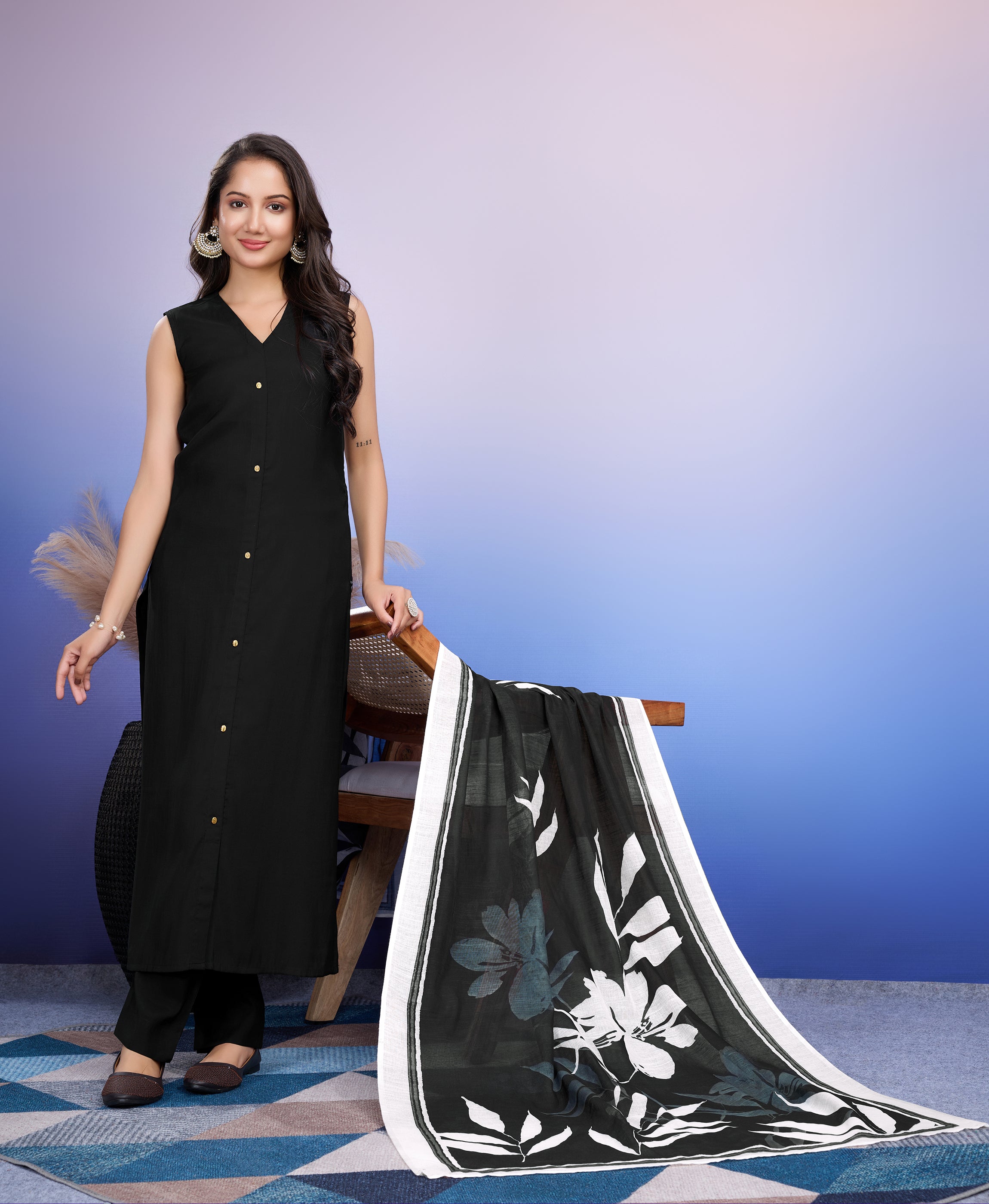 Her Couture Women's Black Roman Silk Solid Straight Kurta With Pant & Printed Dupatta