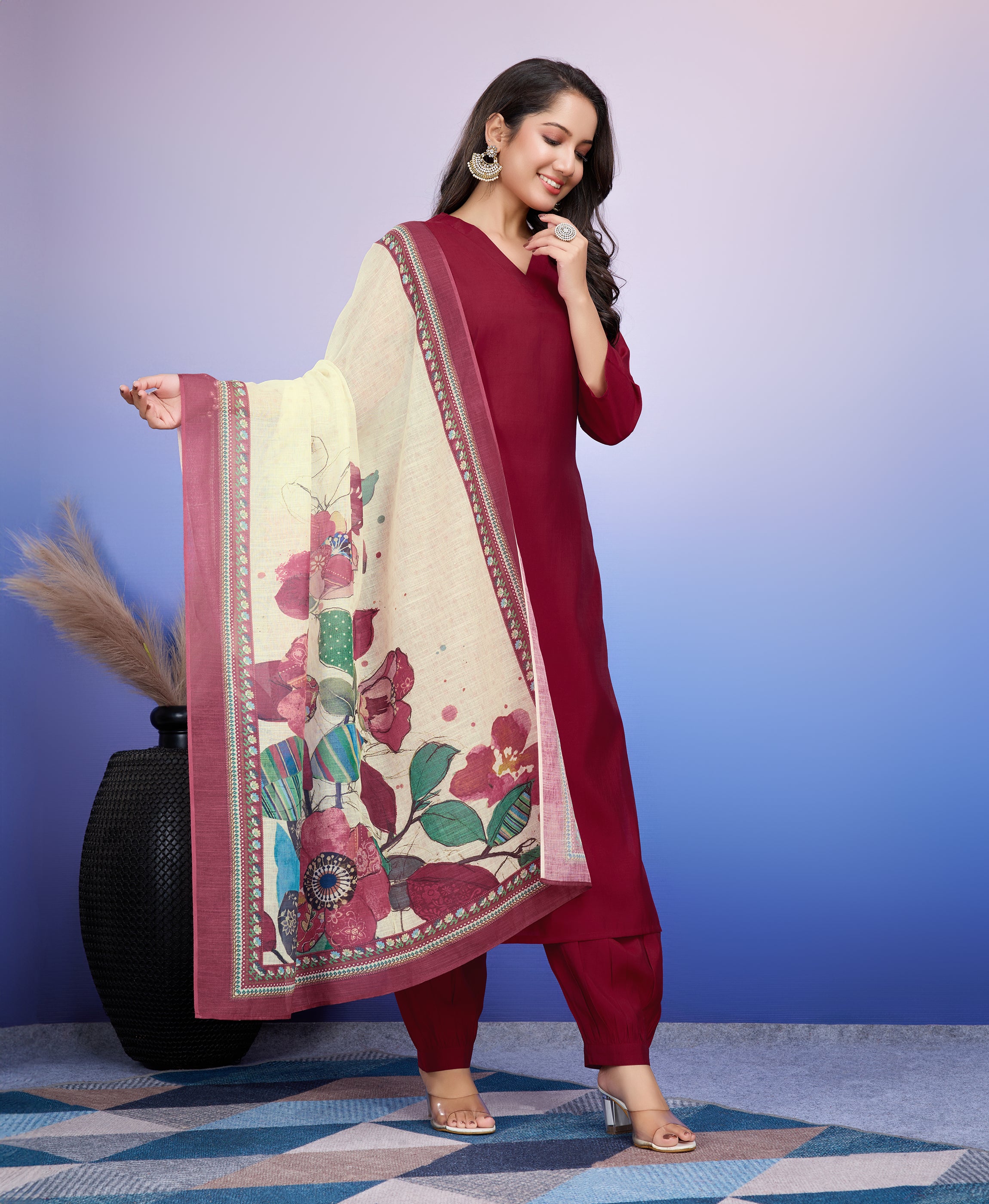 Her Couture Women's Maroon Roman Silk Solid Straight Kurta With Afghani Salwar & Printed Dupatta