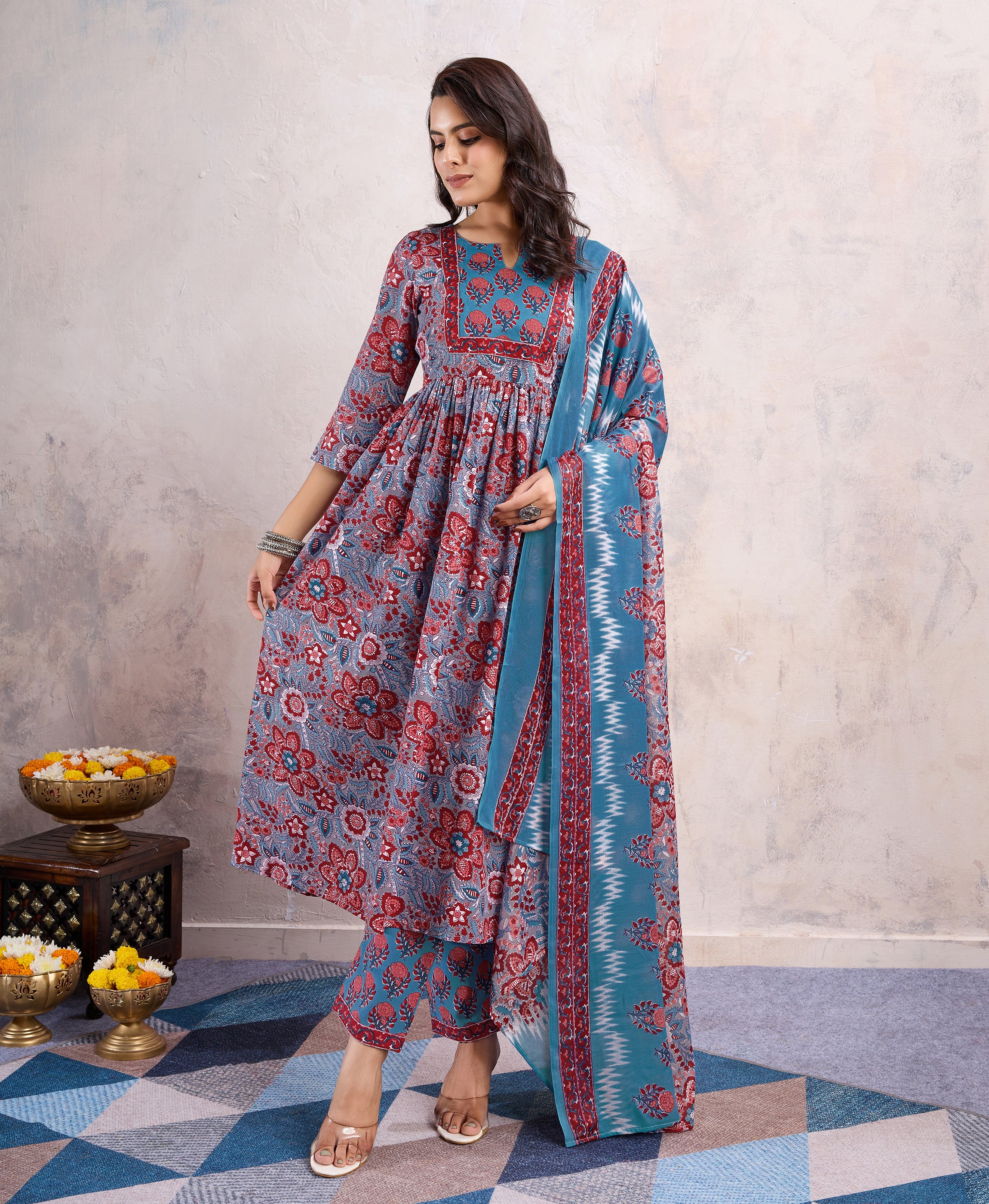 Her Couture Women's Blue Cotton Blend Floral & Leaf Printed Flared Kurta With Pant & Dupatta