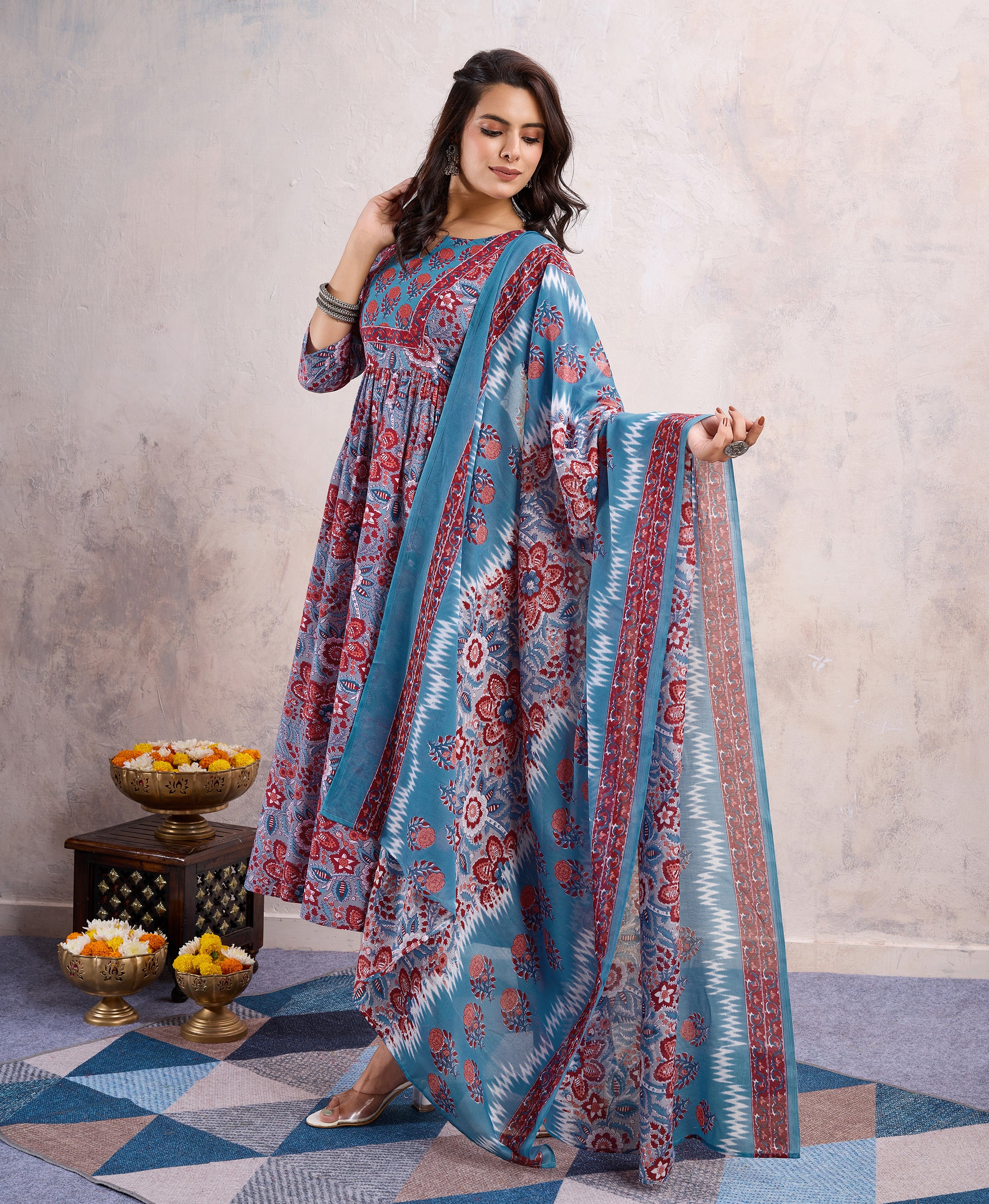 Her Couture Women's Blue Cotton Blend Floral & Leaf Printed Flared Kurta With Pant & Dupatta