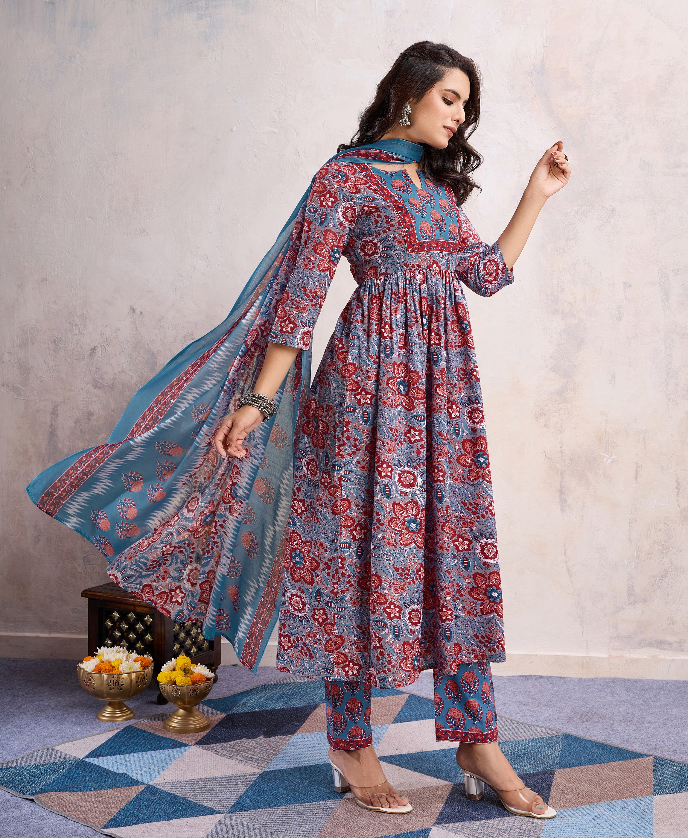 Her Couture Women's Blue Cotton Blend Floral & Leaf Printed Flared Kurta With Pant & Dupatta