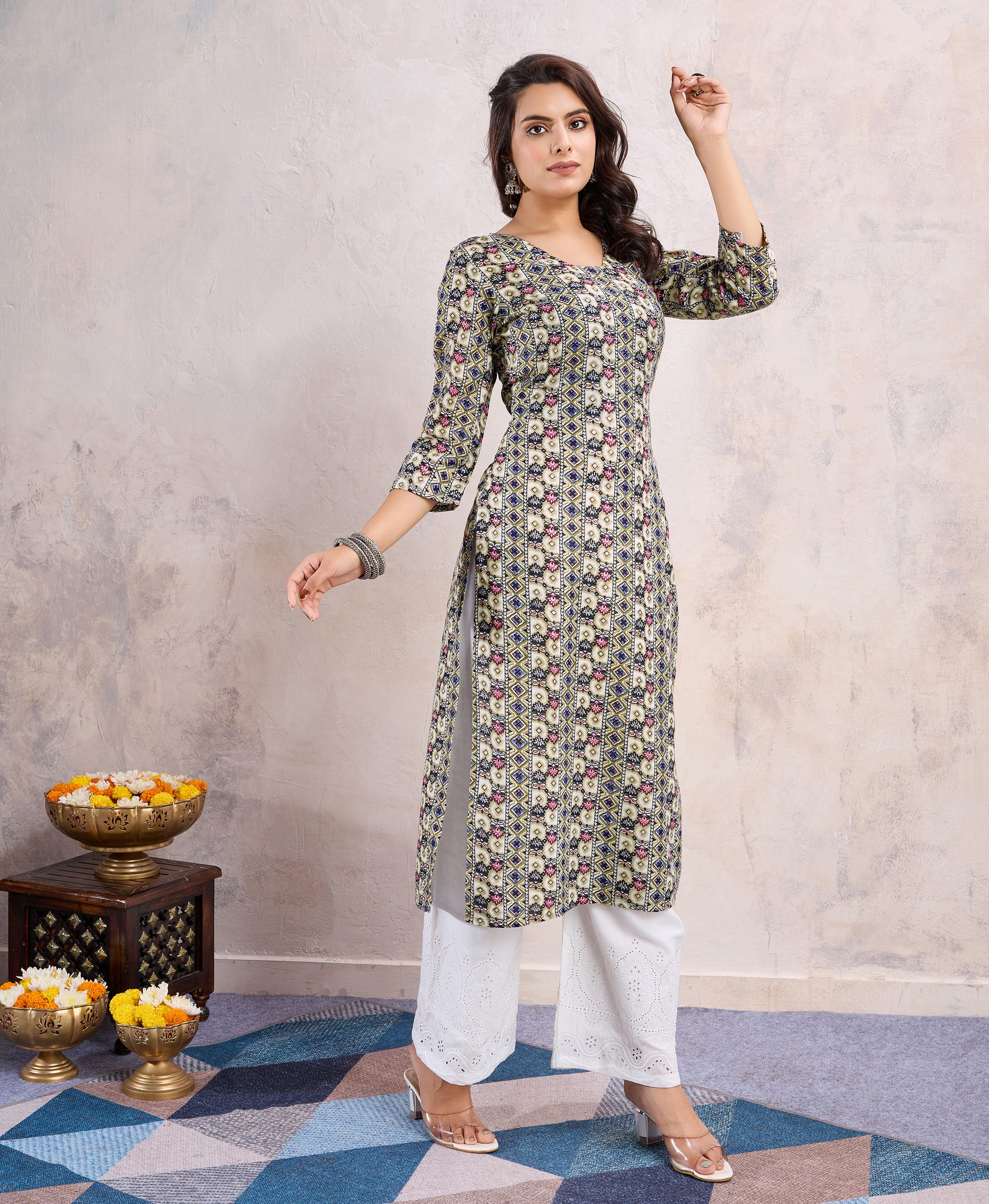 Her Couture Women's Khaki Linen Silk Floral Printed Straight Kurta