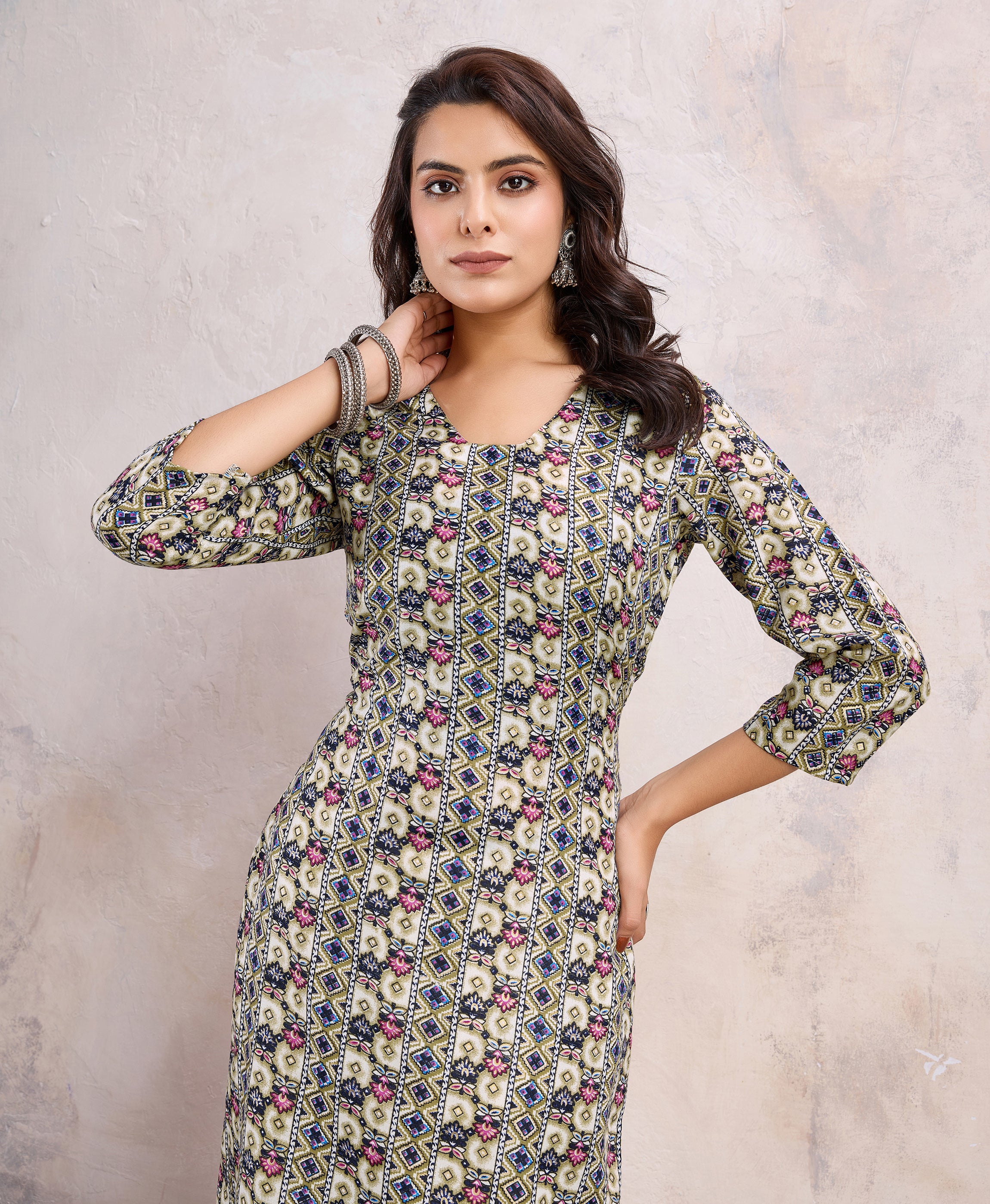Her Couture Women's Khaki Linen Silk Floral Printed Straight Kurta