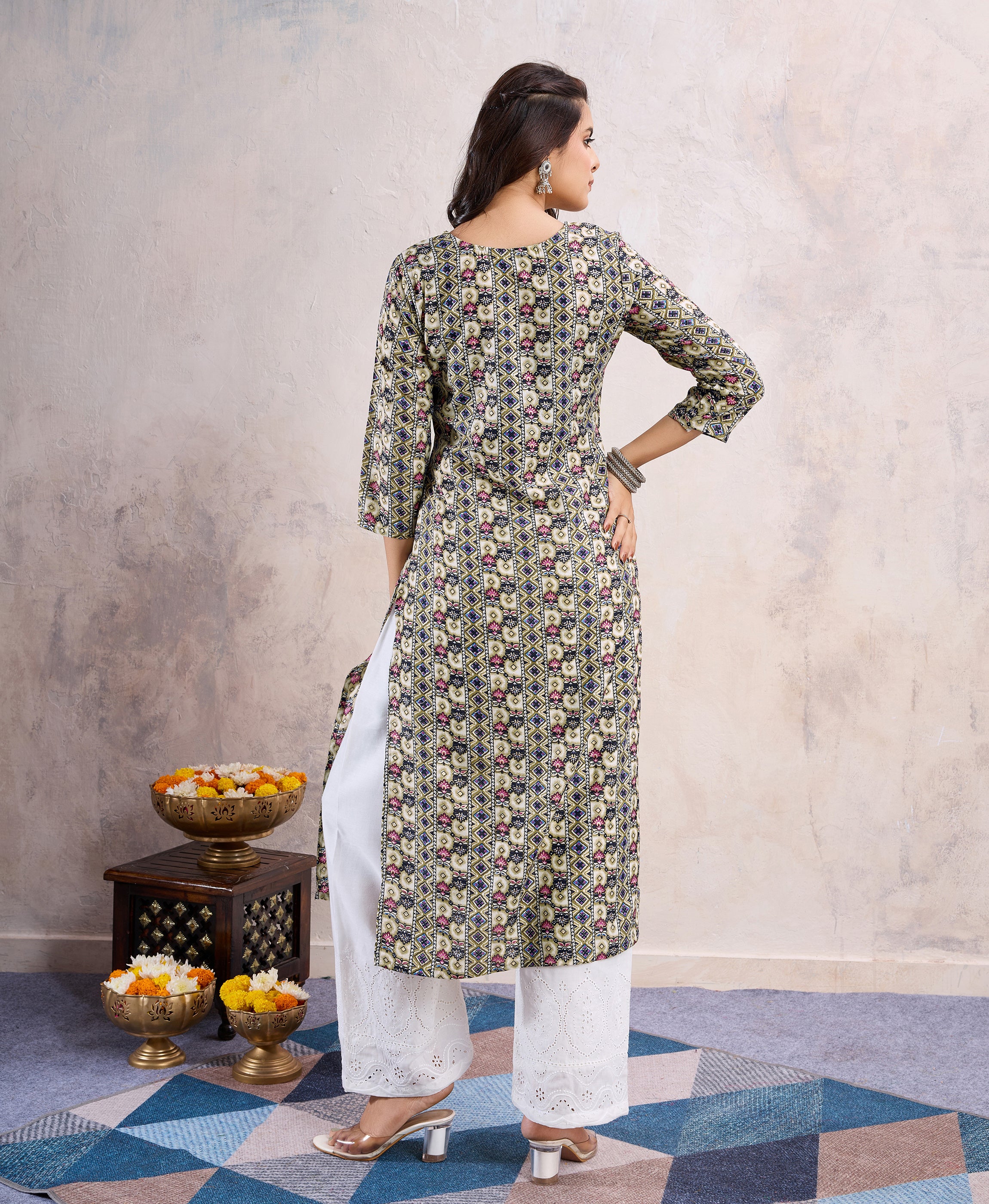 Her Couture Women's Khaki Linen Silk Floral Printed Straight Kurta