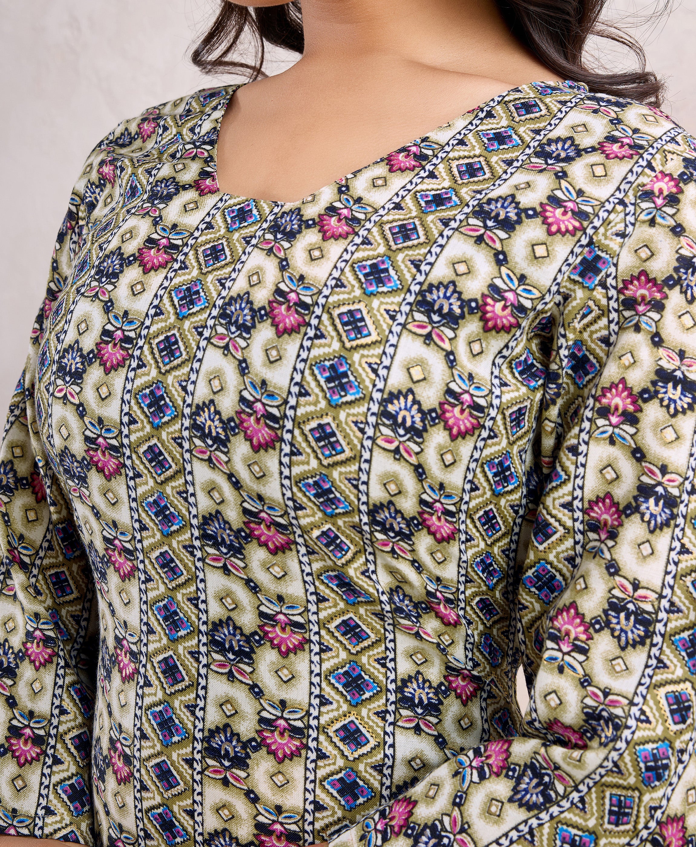 Her Couture Women's Khaki Linen Silk Floral Printed Straight Kurta