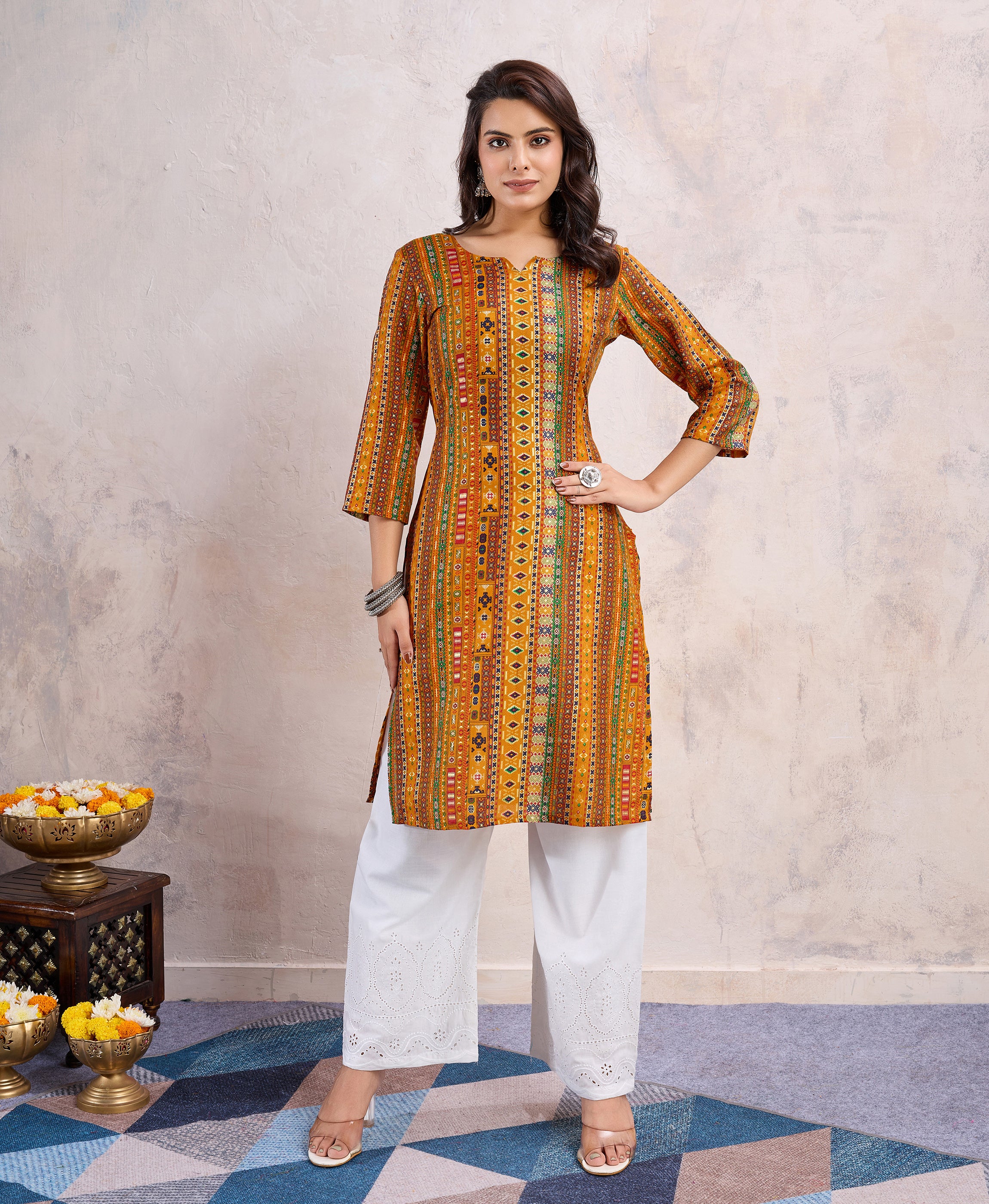 Mustard Linen Silk Floral Printed Casual Kurta by Her Couture