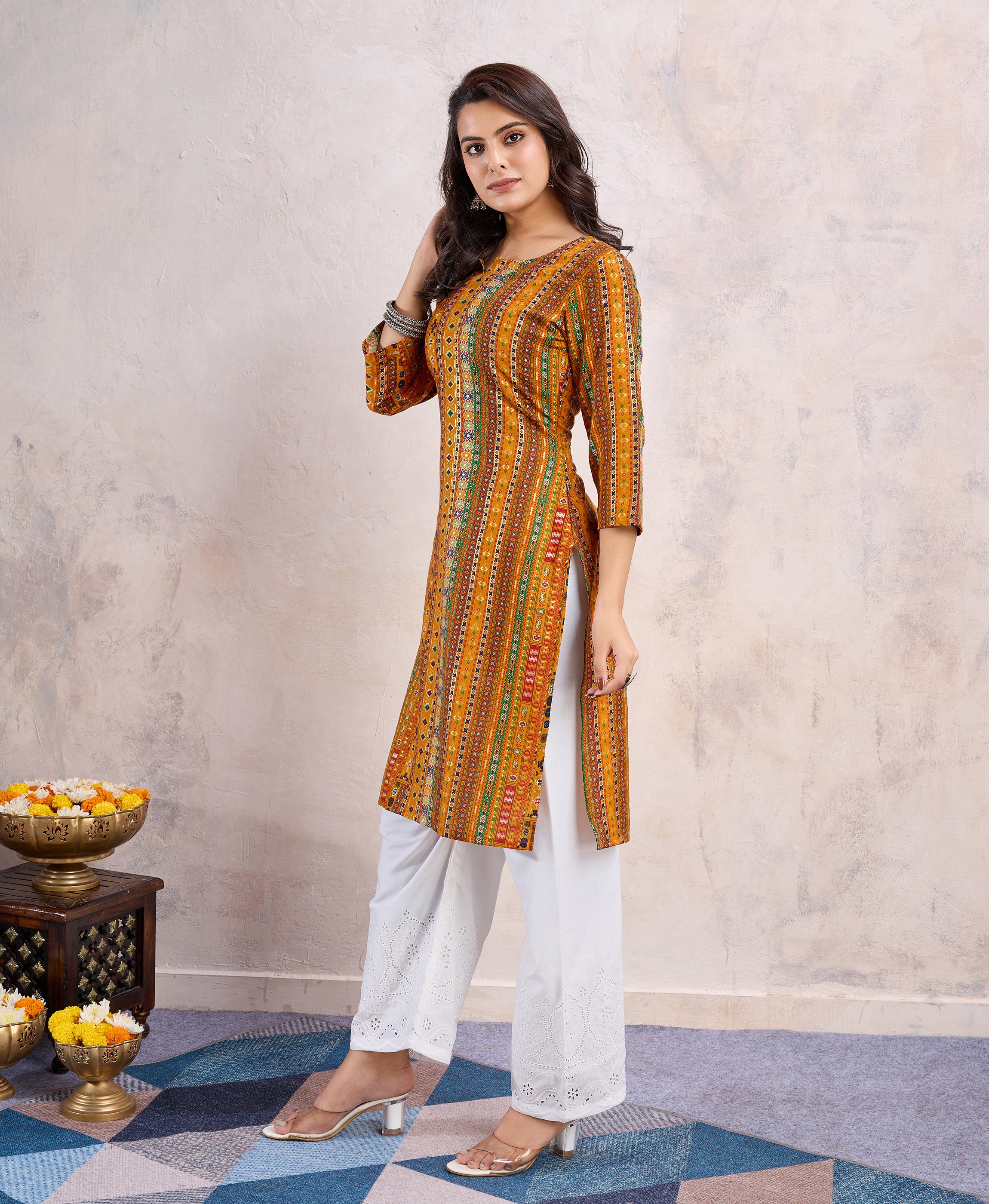 Her Couture Women's Mustard Linen Silk Floral Printed Straight Kurta