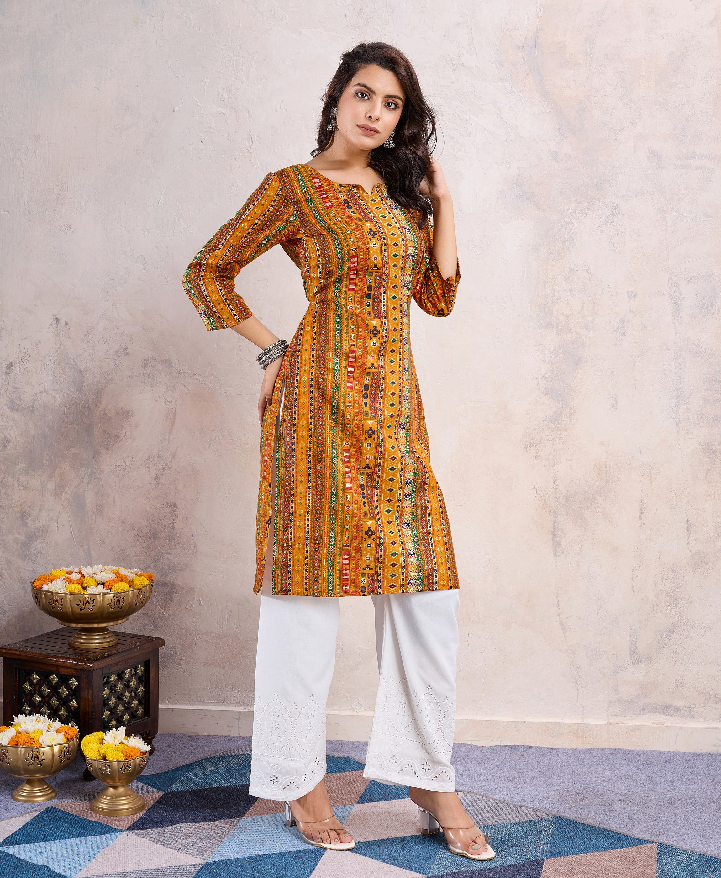Her Couture Women's Mustard Linen Silk Floral Printed Straight Kurta