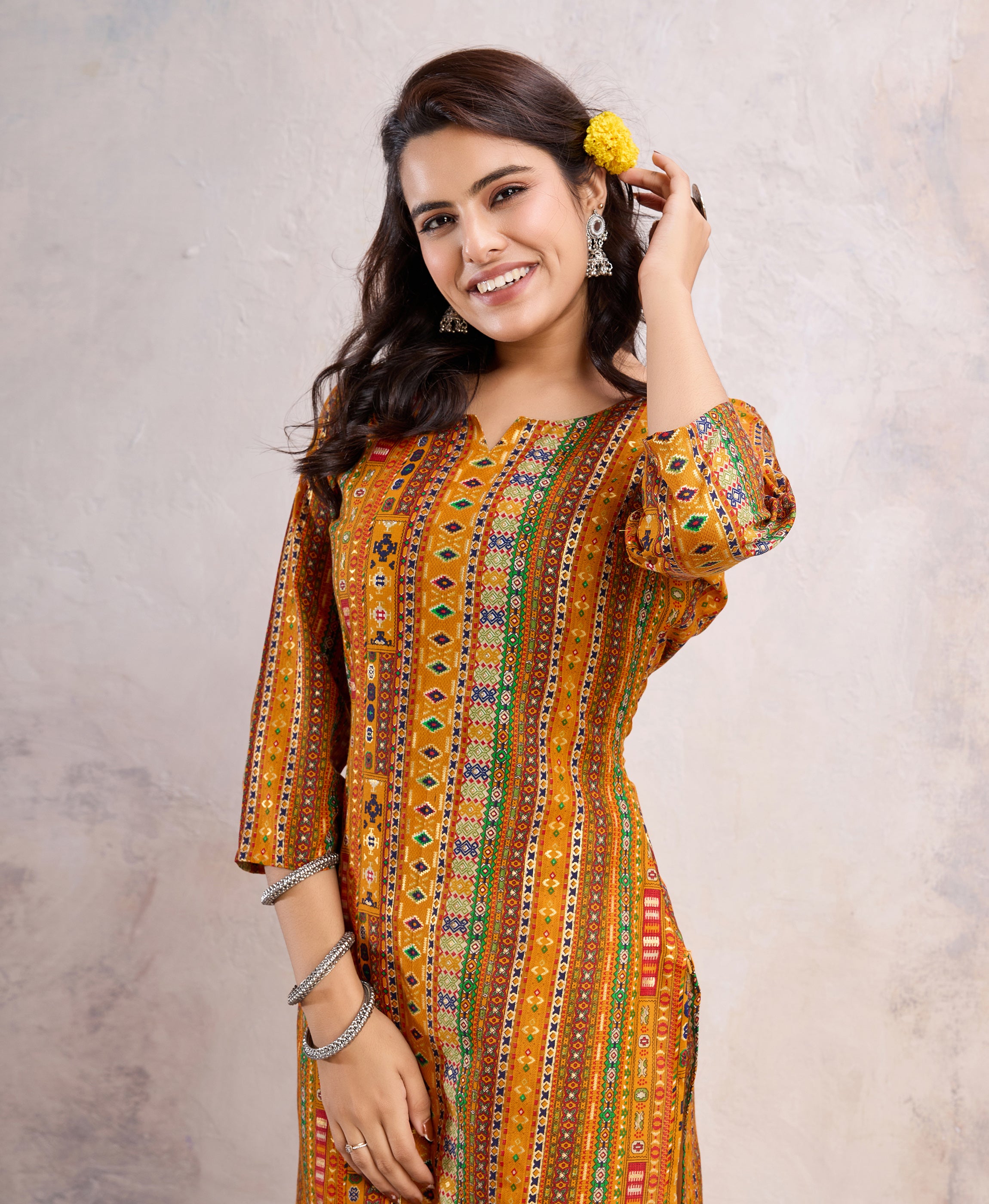 Her Couture Women's Mustard Linen Silk Floral Printed Straight Kurta