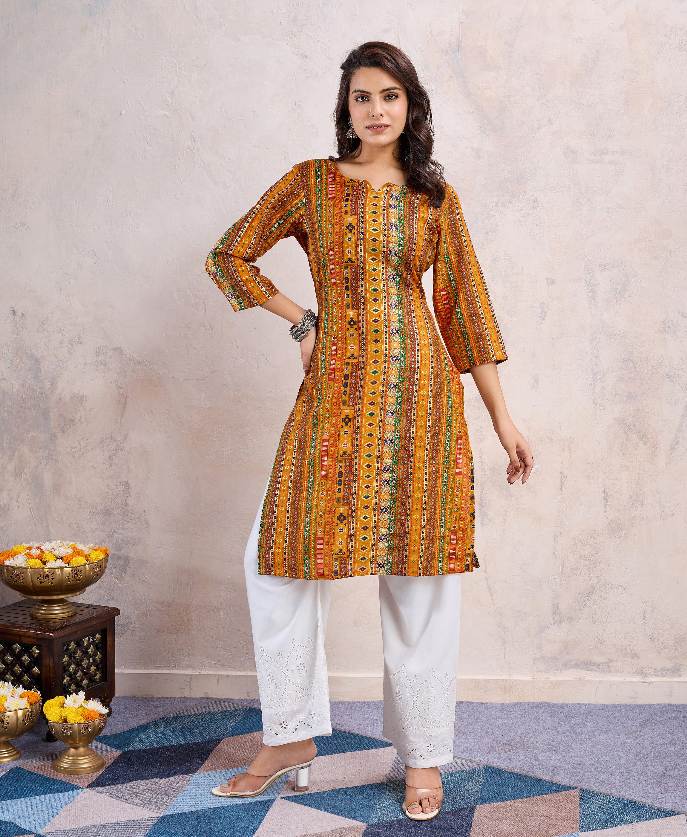 Her Couture Women's Mustard Linen Silk Floral Printed Straight Kurta