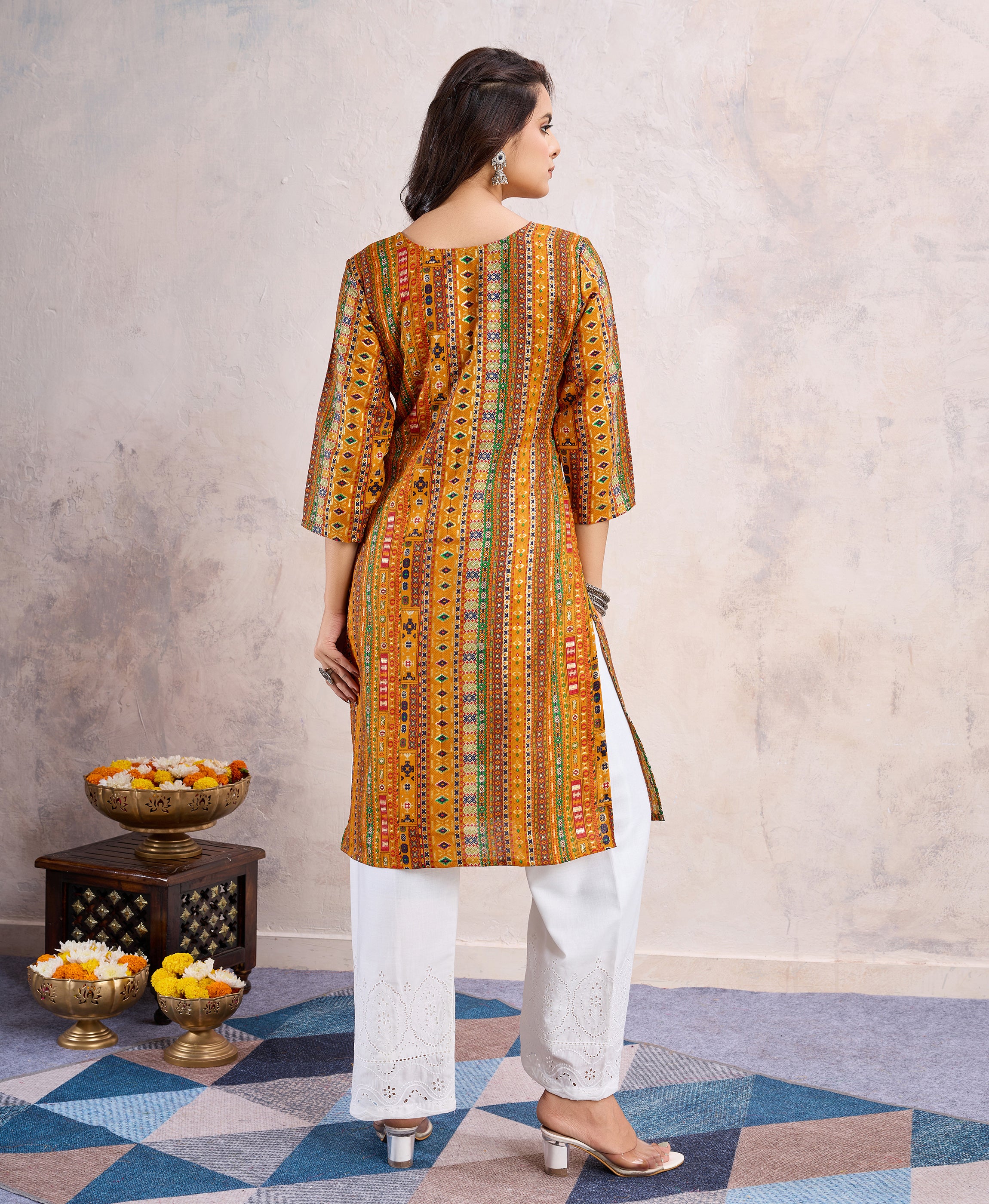 Her Couture Women's Mustard Linen Silk Floral Printed Straight Kurta