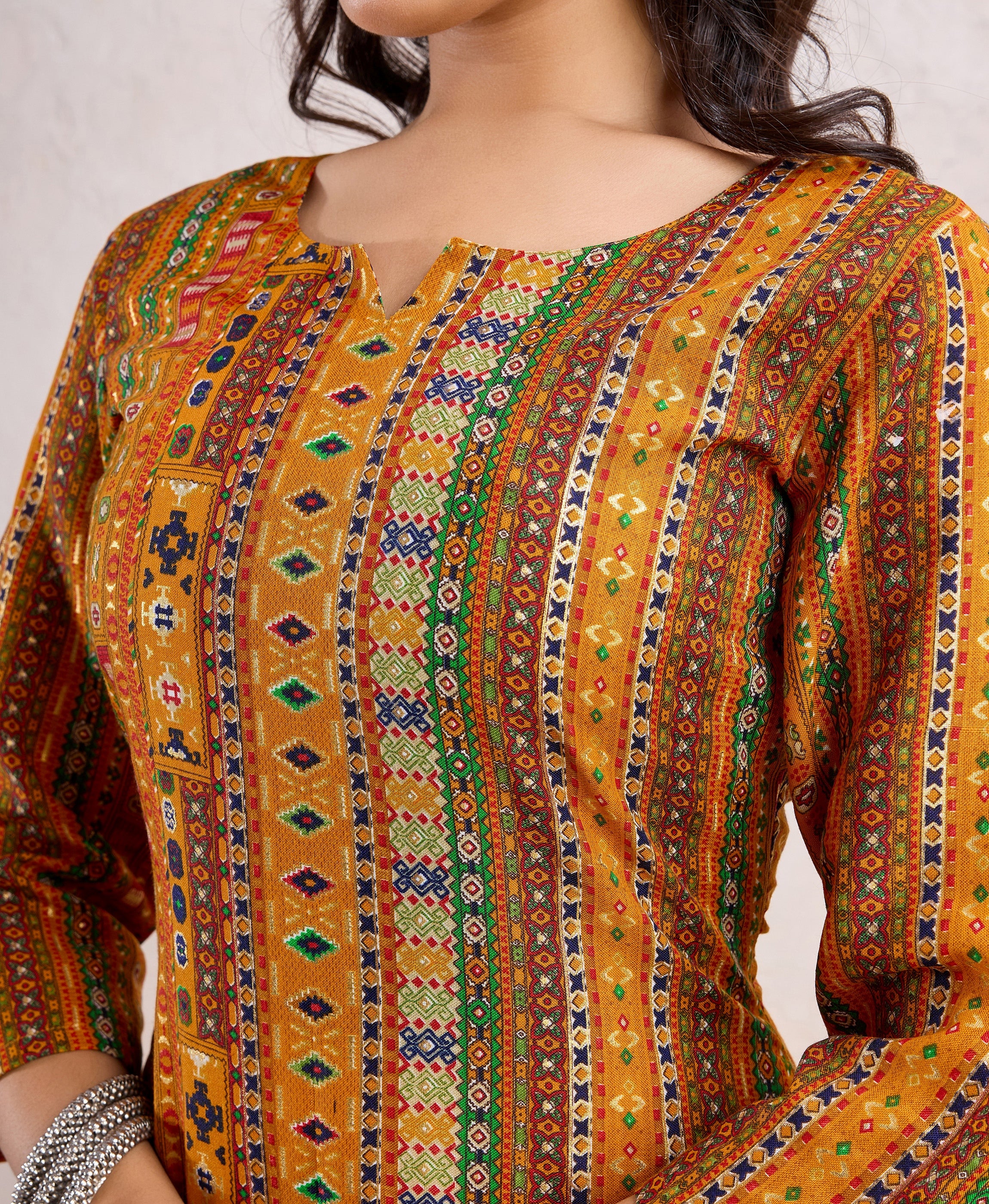 Her Couture Women's Mustard Linen Silk Floral Printed Straight Kurta
