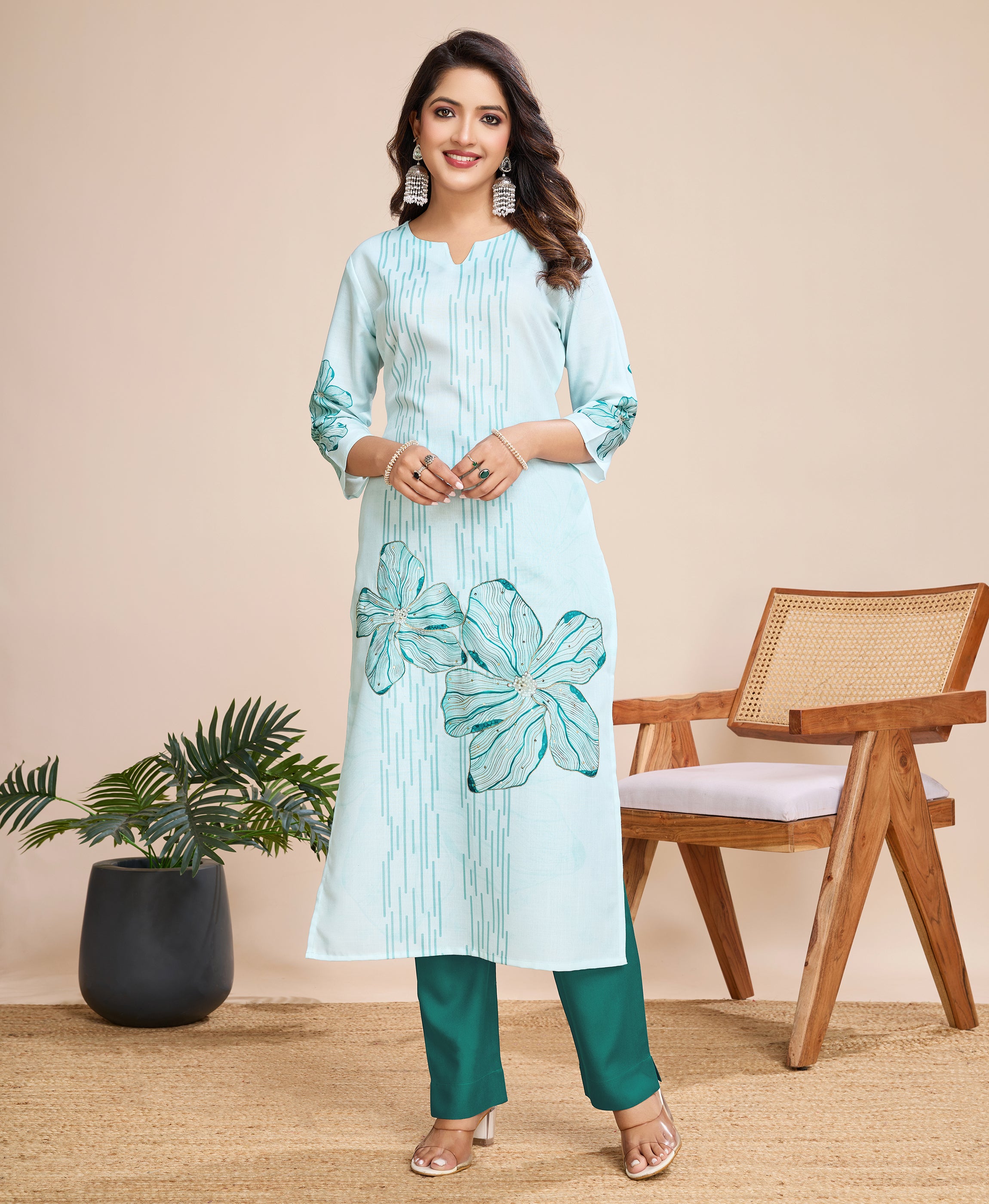 Sky Blue Linen Silk Straight Causal Kurta Set by Her Couture