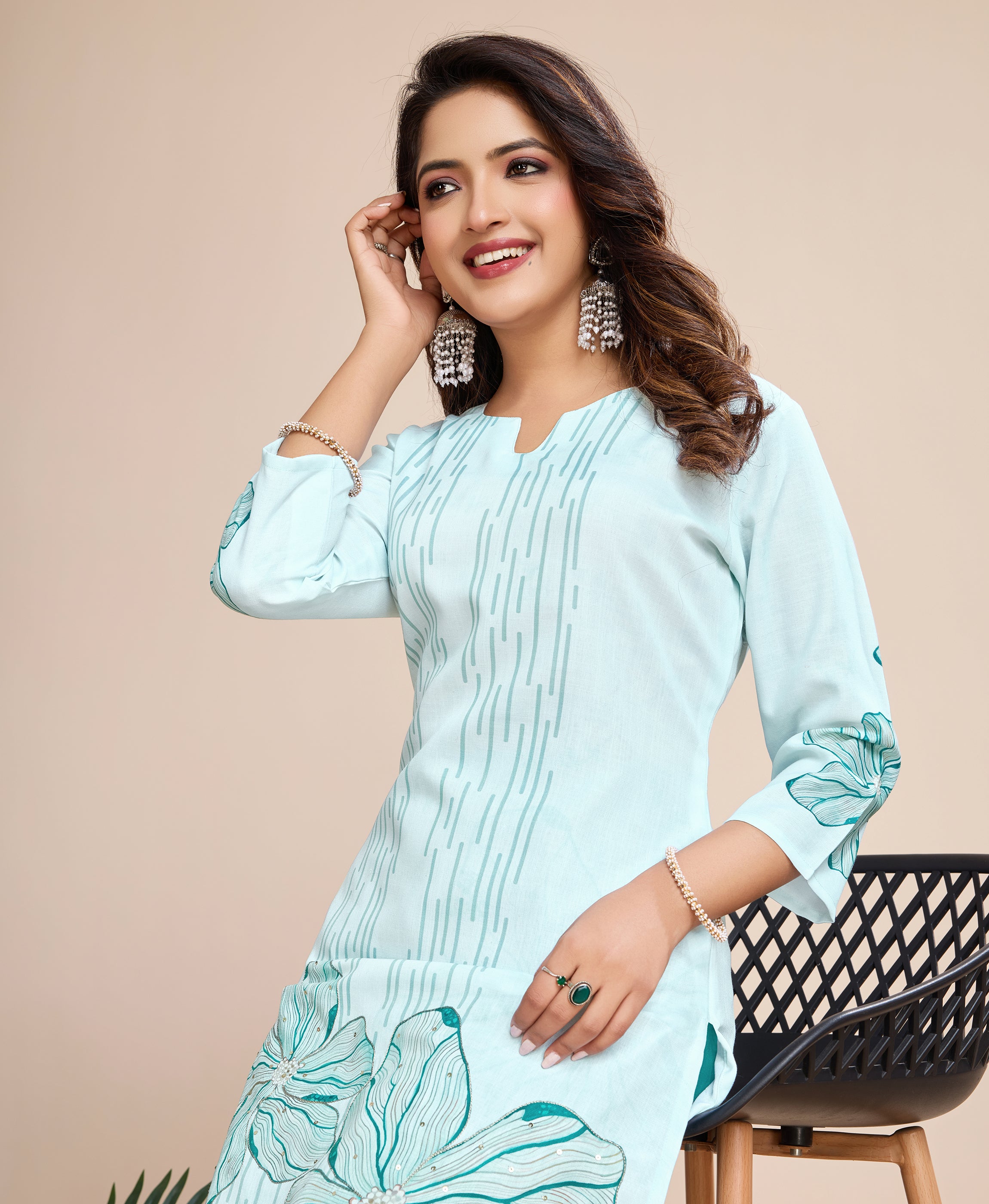 Her Couture Women's Sky Blue Linen Silk Striped Printed Straight Kurta With Pant