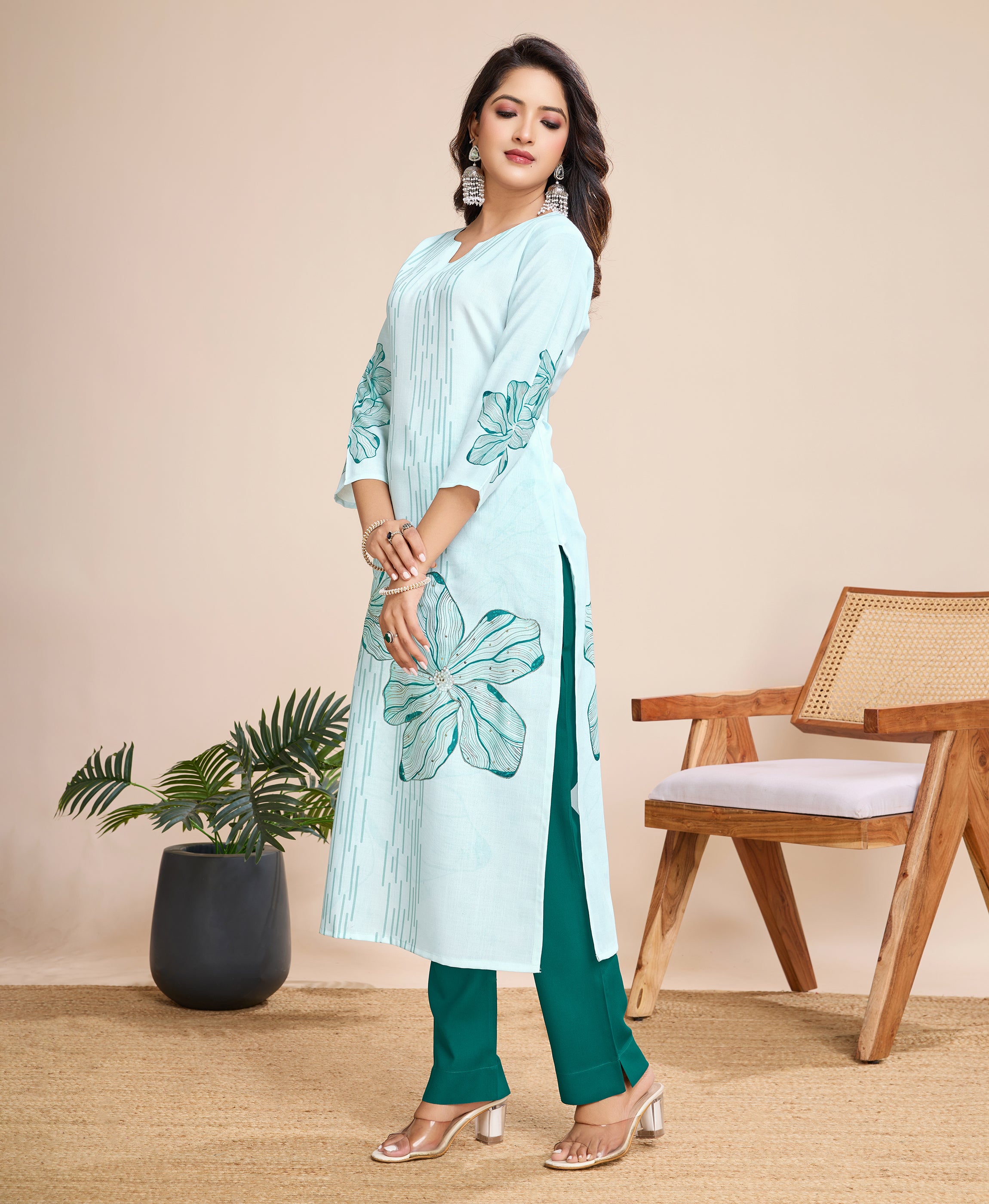 Her Couture Women's Sky Blue Linen Silk Striped Printed Straight Kurta With Pant