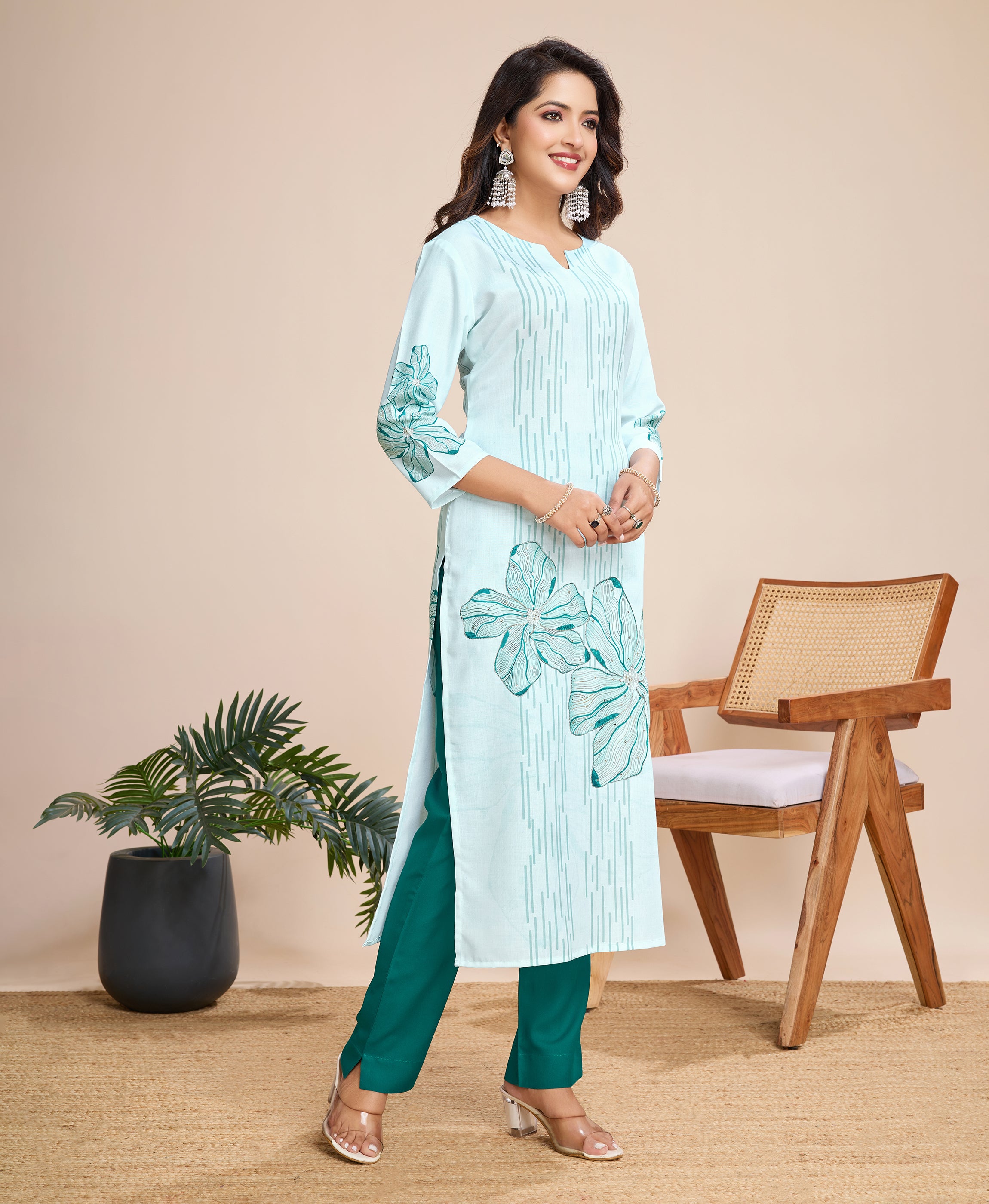Her Couture Women's Sky Blue Linen Silk Striped Printed Straight Kurta With Pant