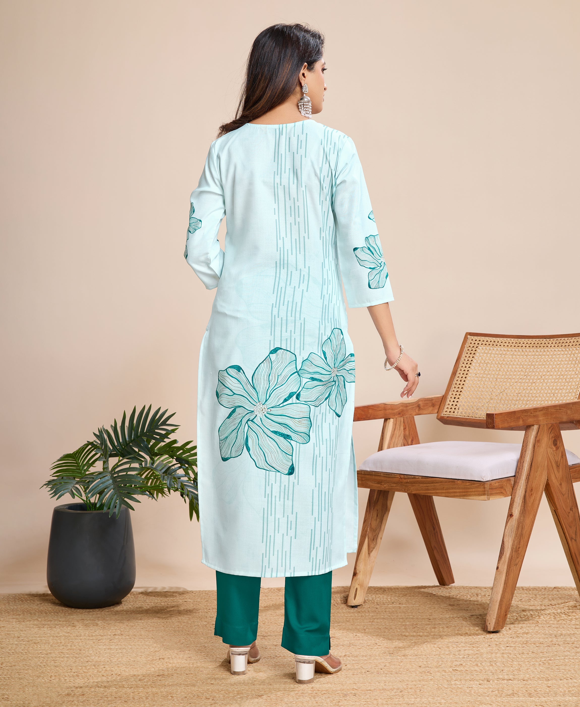 Her Couture Women's Sky Blue Linen Silk Striped Printed Straight Kurta With Pant