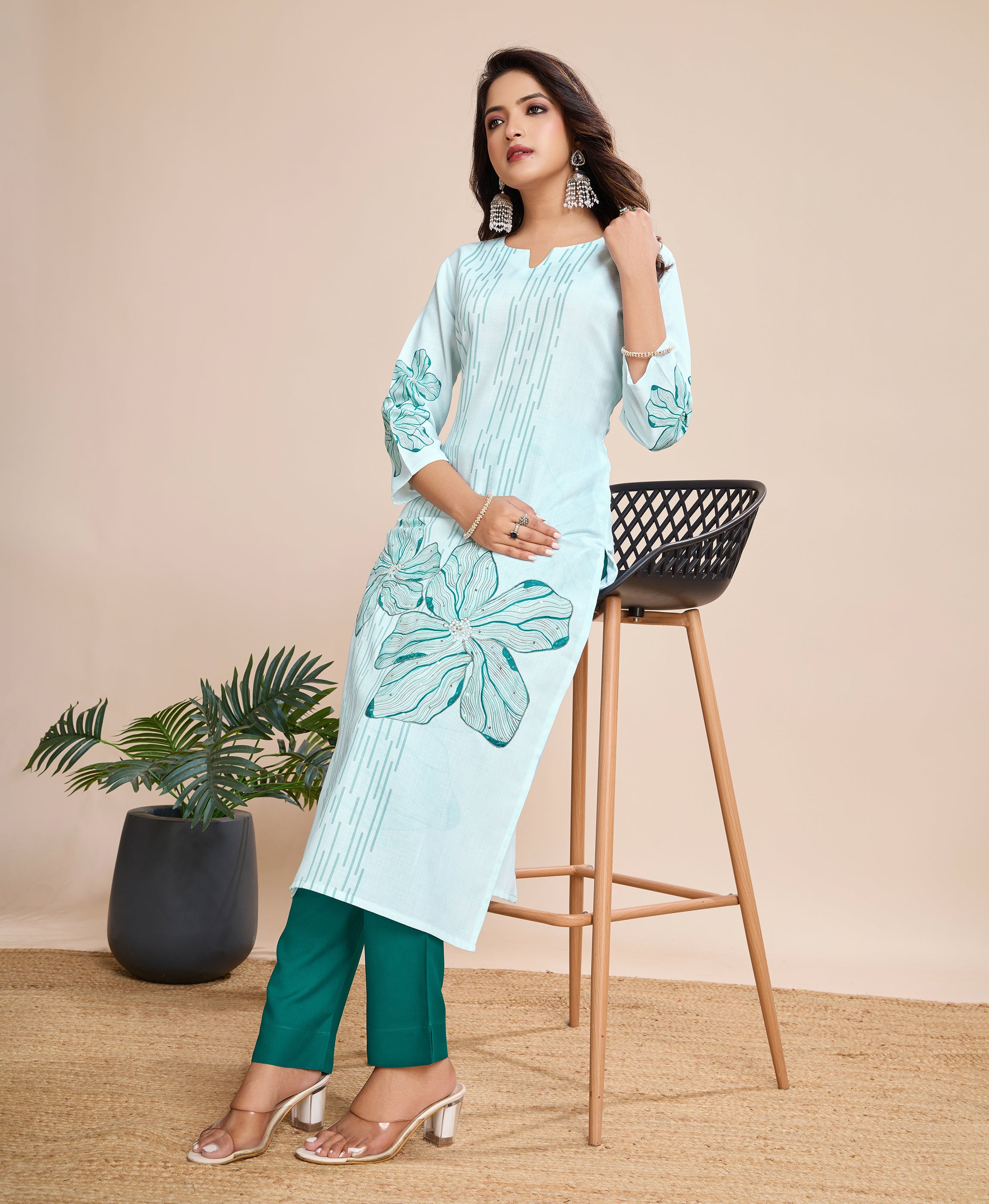 Her Couture Women's Sky Blue Linen Silk Striped Printed Straight Kurta With Pant