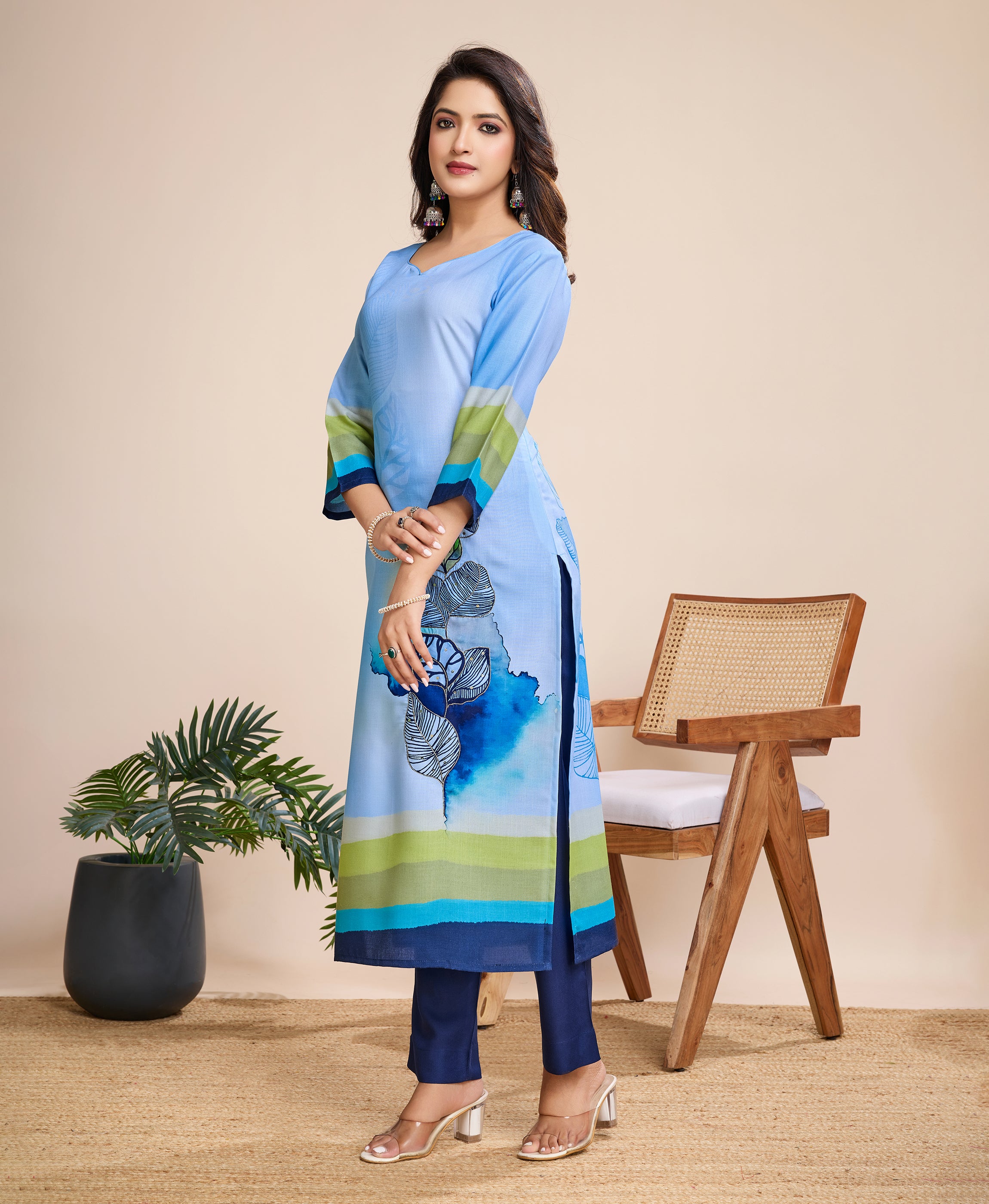 Her Couture Women's Blue Linen Silk Floral & Leaf Printed Straight Kurta With Pant