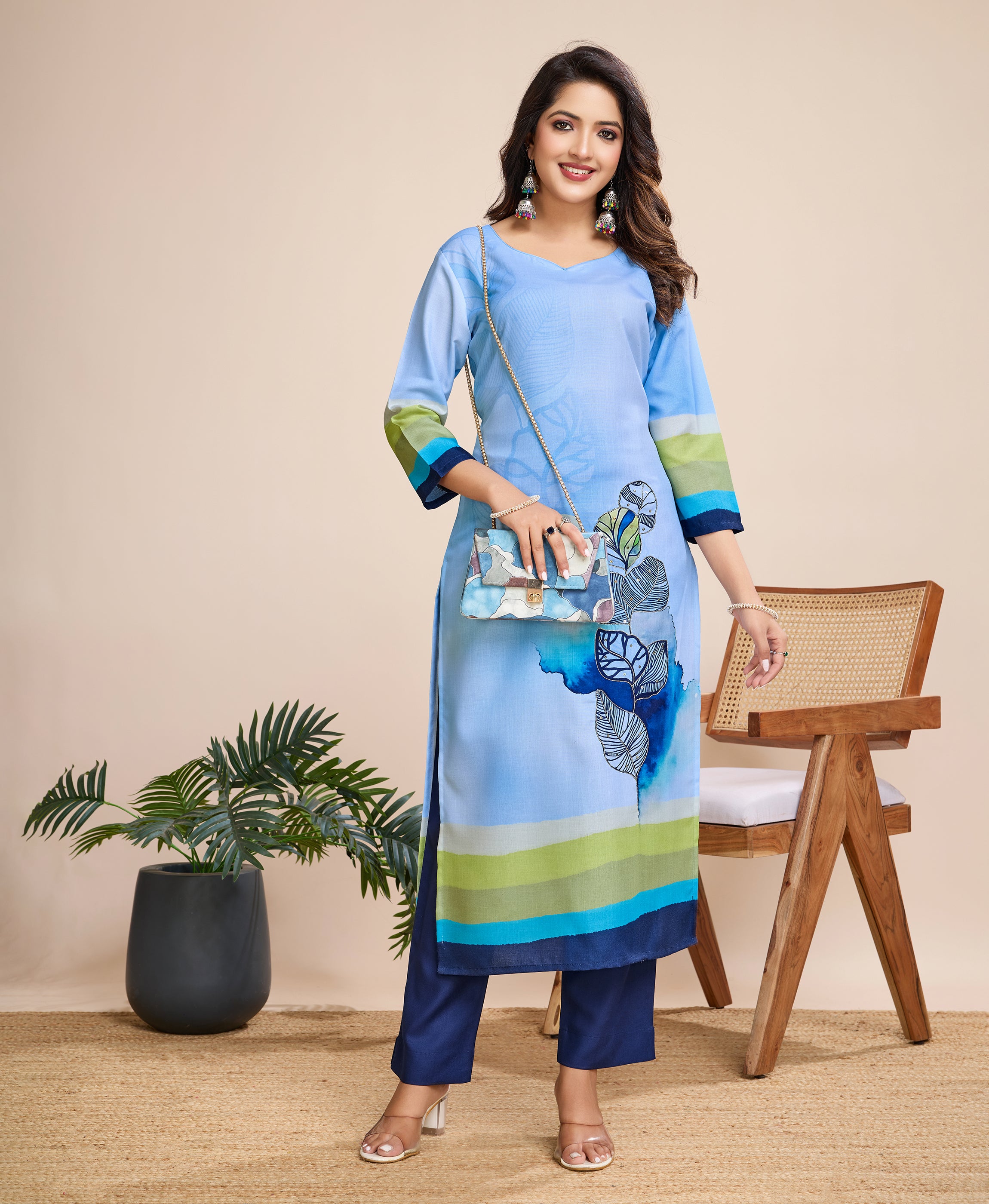 Her Couture Women's Blue Linen Silk Floral & Leaf Printed Straight Kurta With Pant