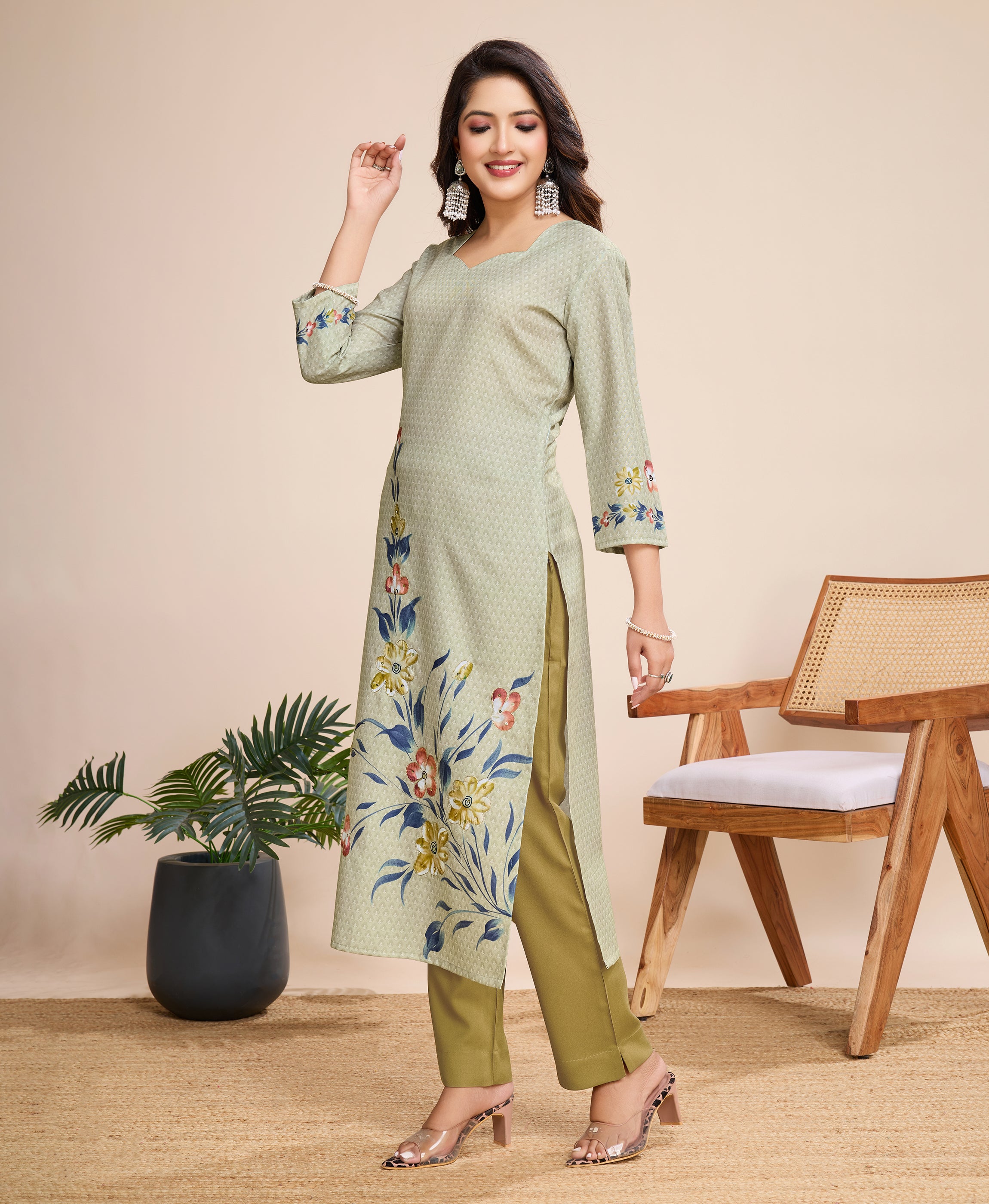 Her Couture Women's Khaki Linen Silk Geometric Printed Straight Kurta With Pant