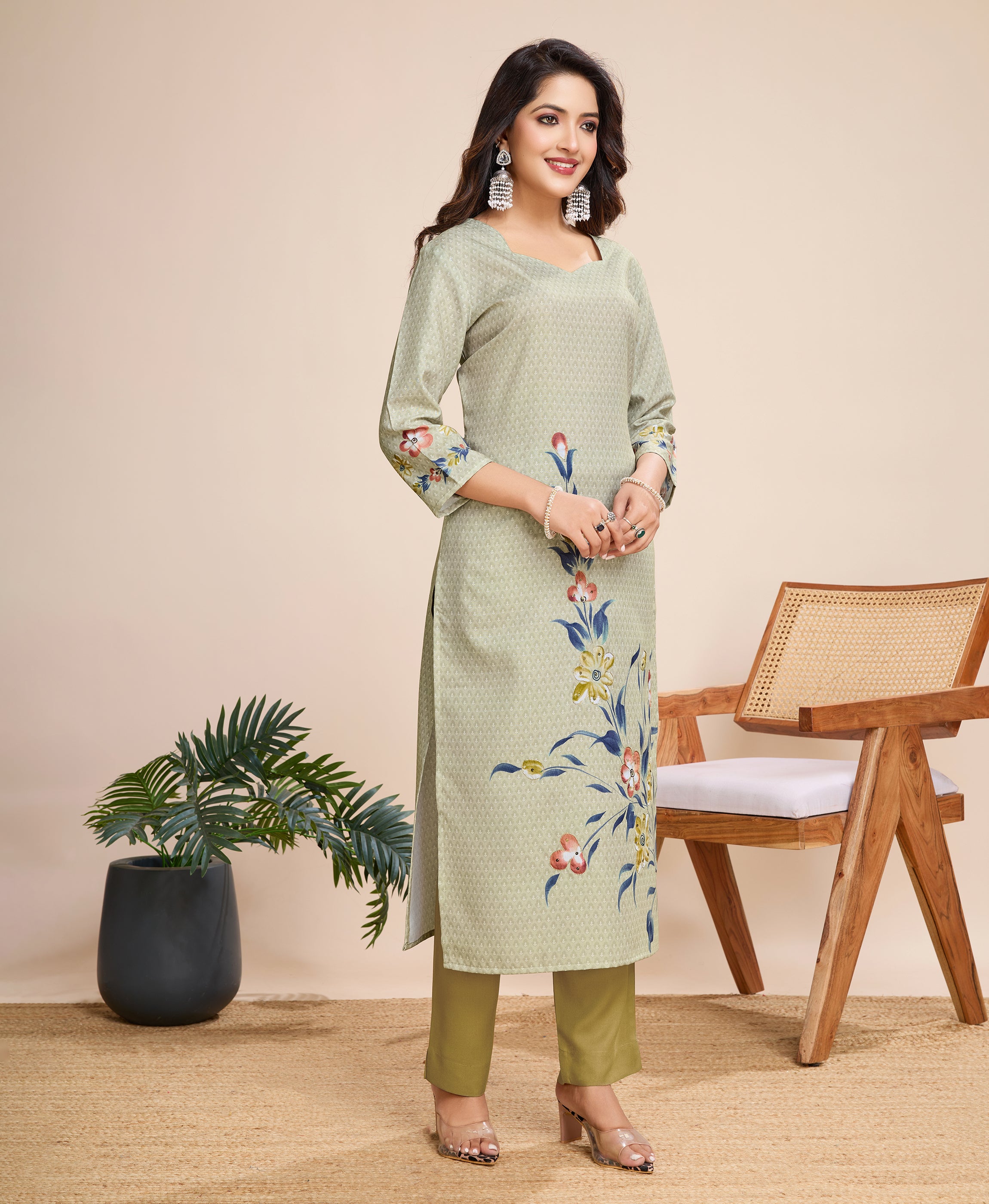 Her Couture Women's Khaki Linen Silk Geometric Printed Straight Kurta With Pant