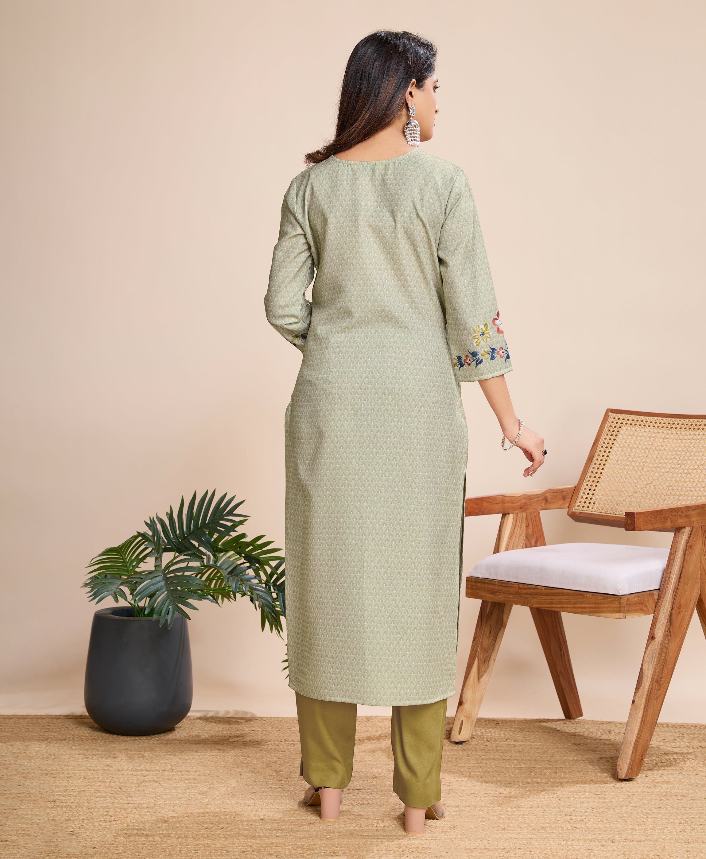 Her Couture Women's Khaki Linen Silk Geometric Printed Straight Kurta With Pant