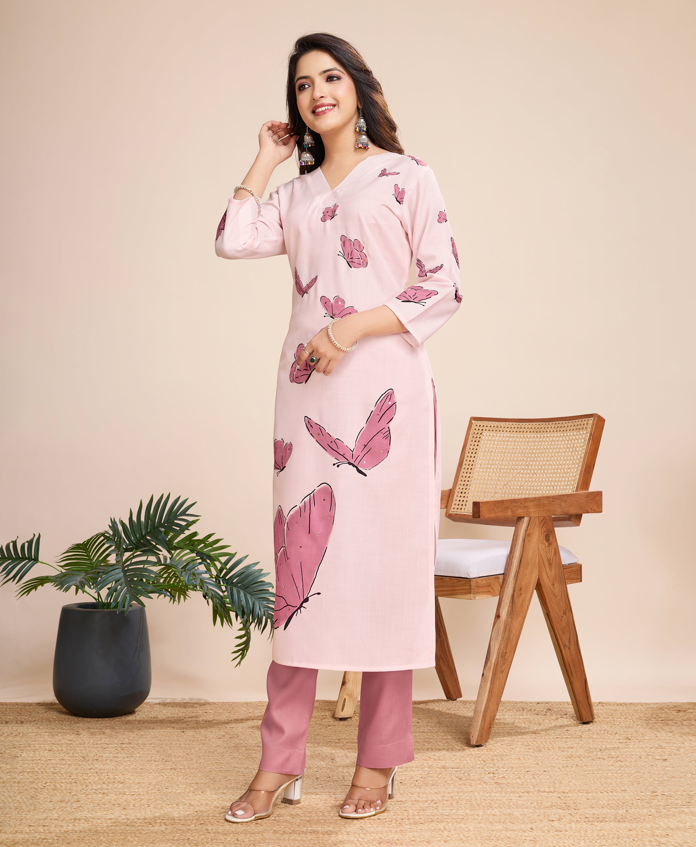 Her Couture Women's Pink Linen Silk Butterfly Printed Straight Kurta With Pant