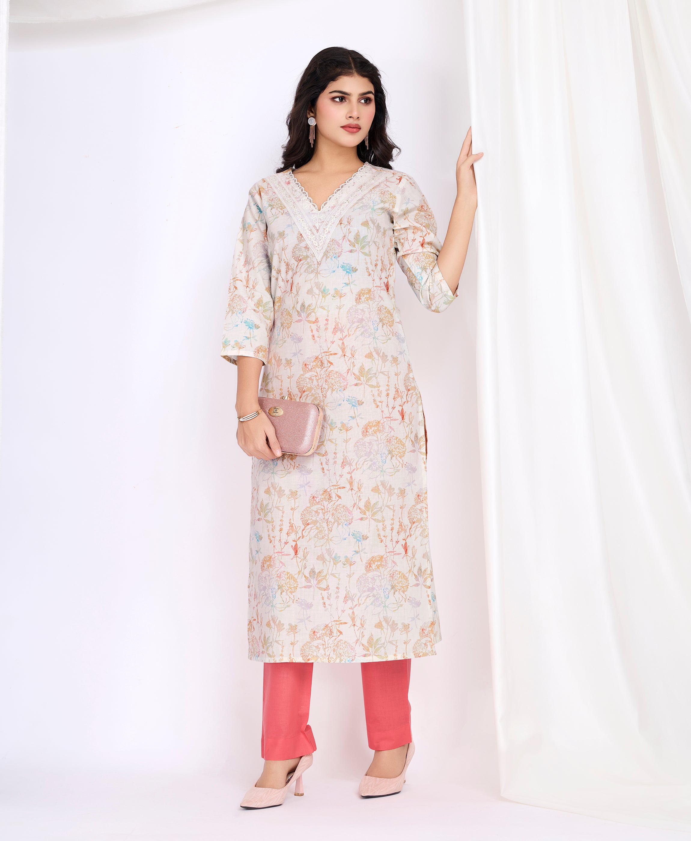 Her Couture Women's Cream Cotton Floral Embellished Straight Kurta With Pant