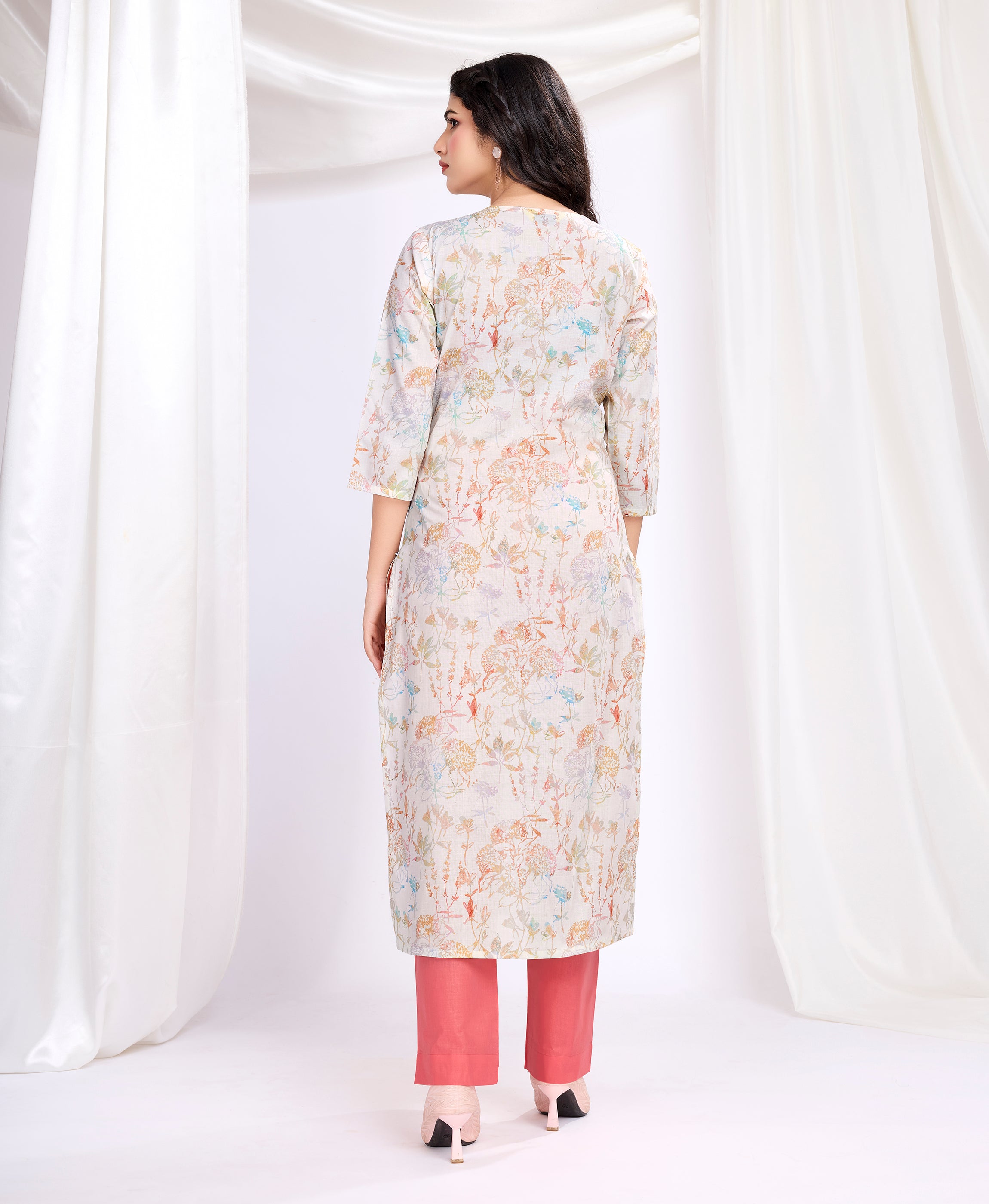 Her Couture Women's Cream Cotton Floral Embellished Straight Kurta With Pant