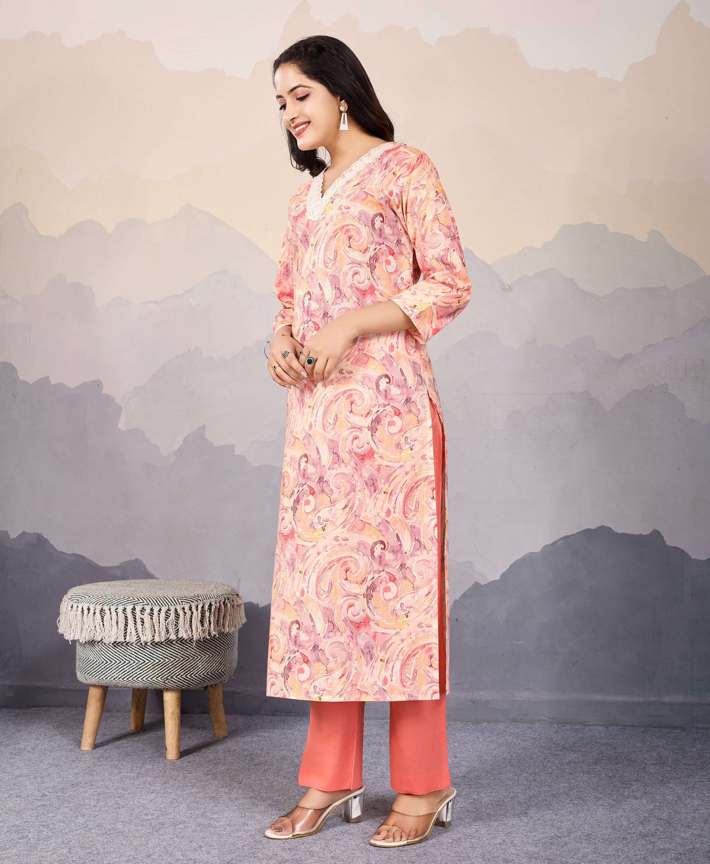 Her Couture Women's Peach Cotton Paisley Embellished Straight Kurta With Pant