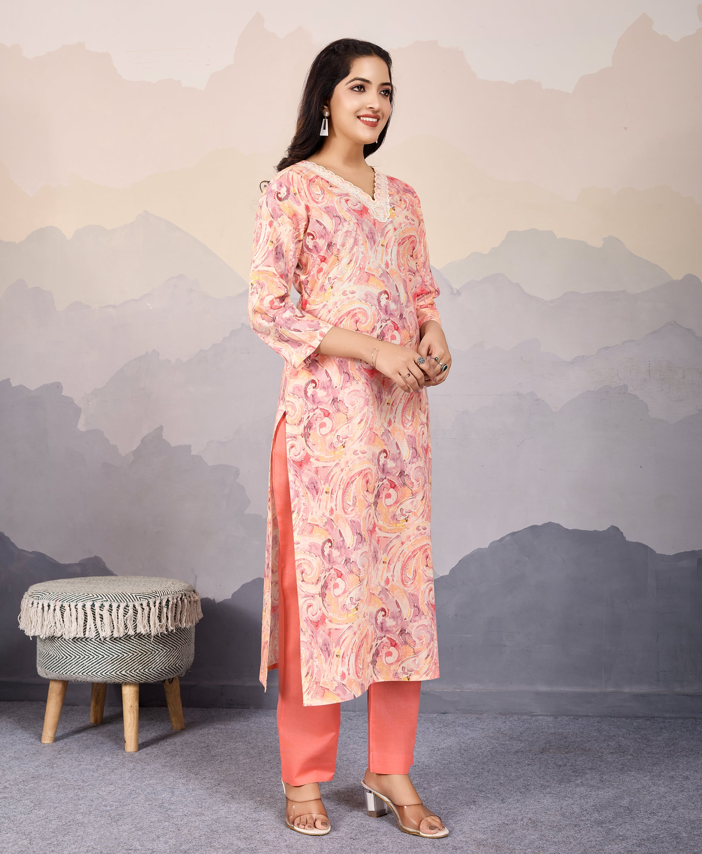 Her Couture Women's Peach Cotton Paisley Embellished Straight Kurta With Pant