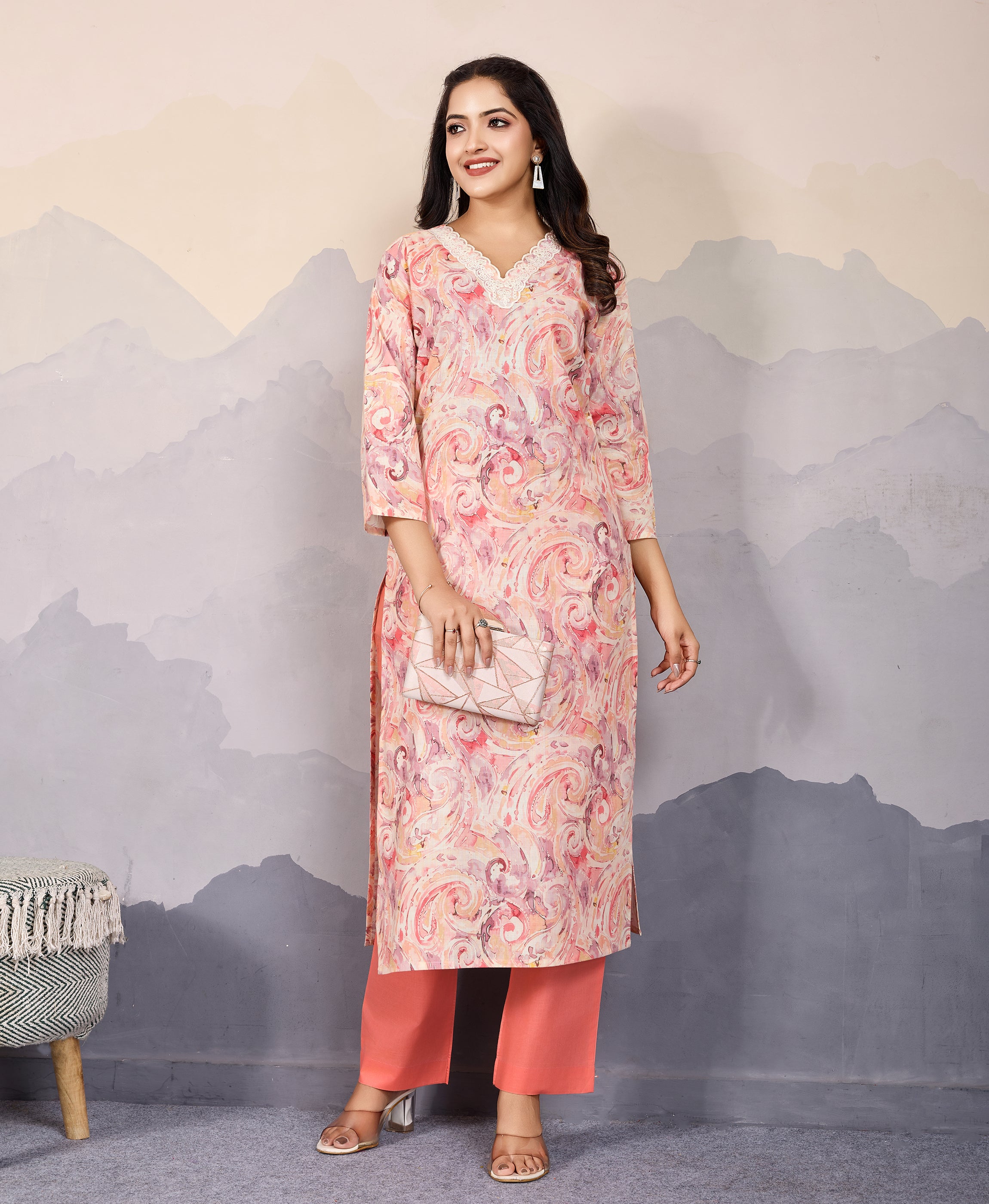 Her Couture Women's Peach Cotton Paisley Embellished Straight Kurta With Pant