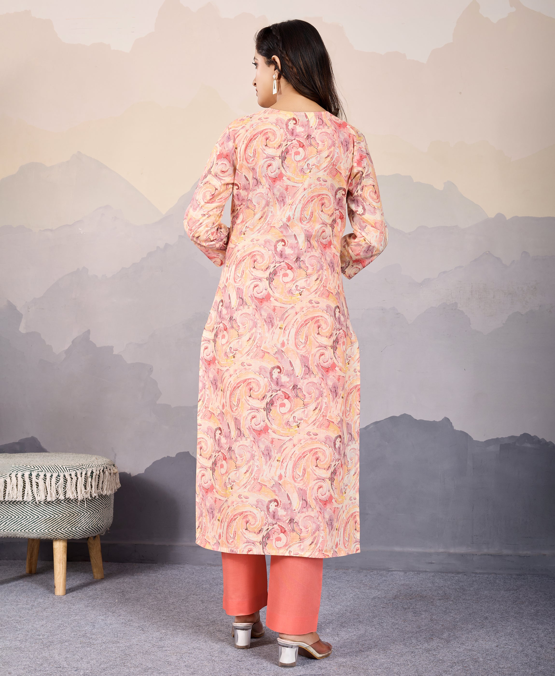 Her Couture Women's Peach Cotton Paisley Embellished Straight Kurta With Pant