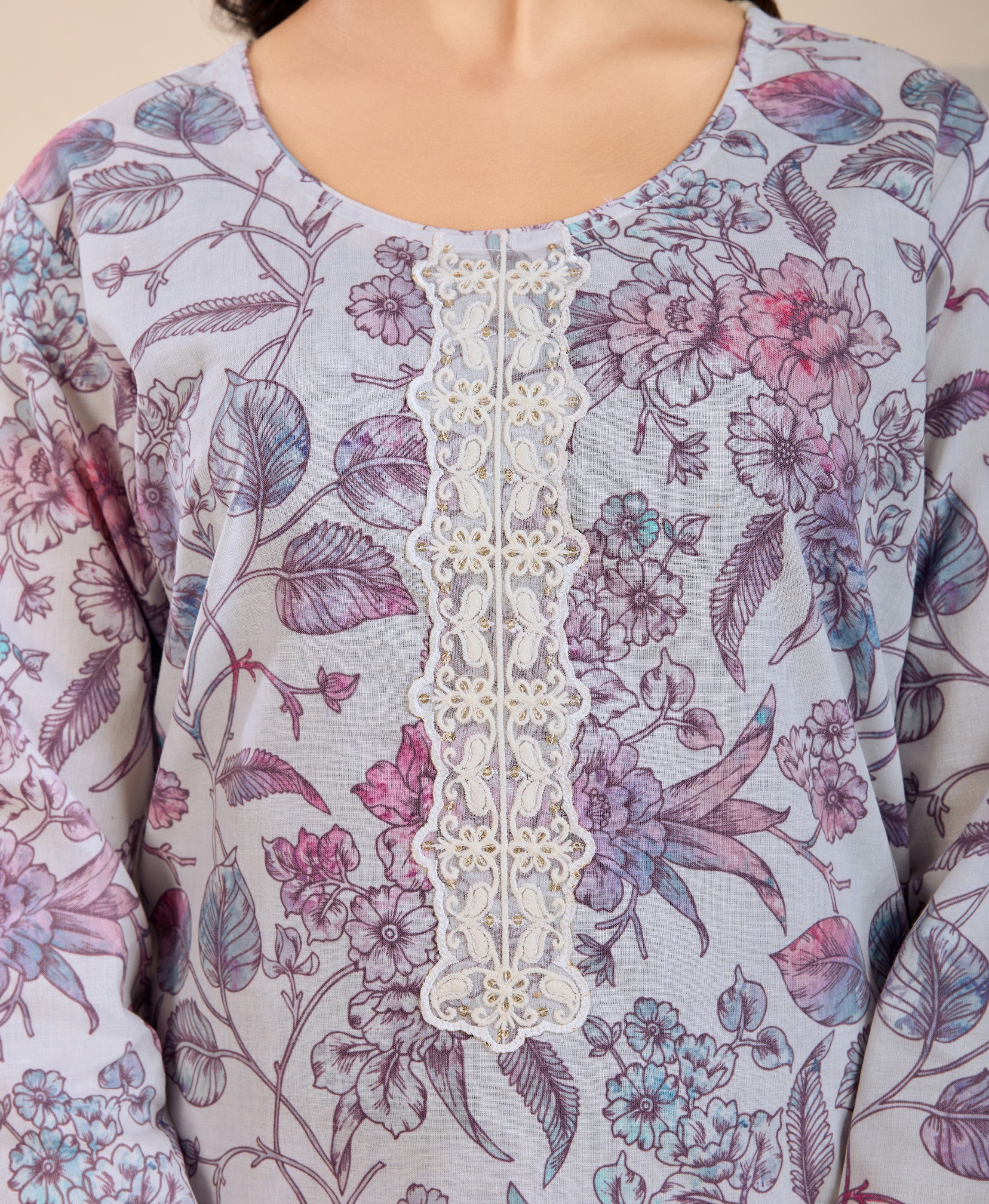 Her Couture Women's Lavender Cotton Floral & Leaf Embellished Straight Kurta With Pant