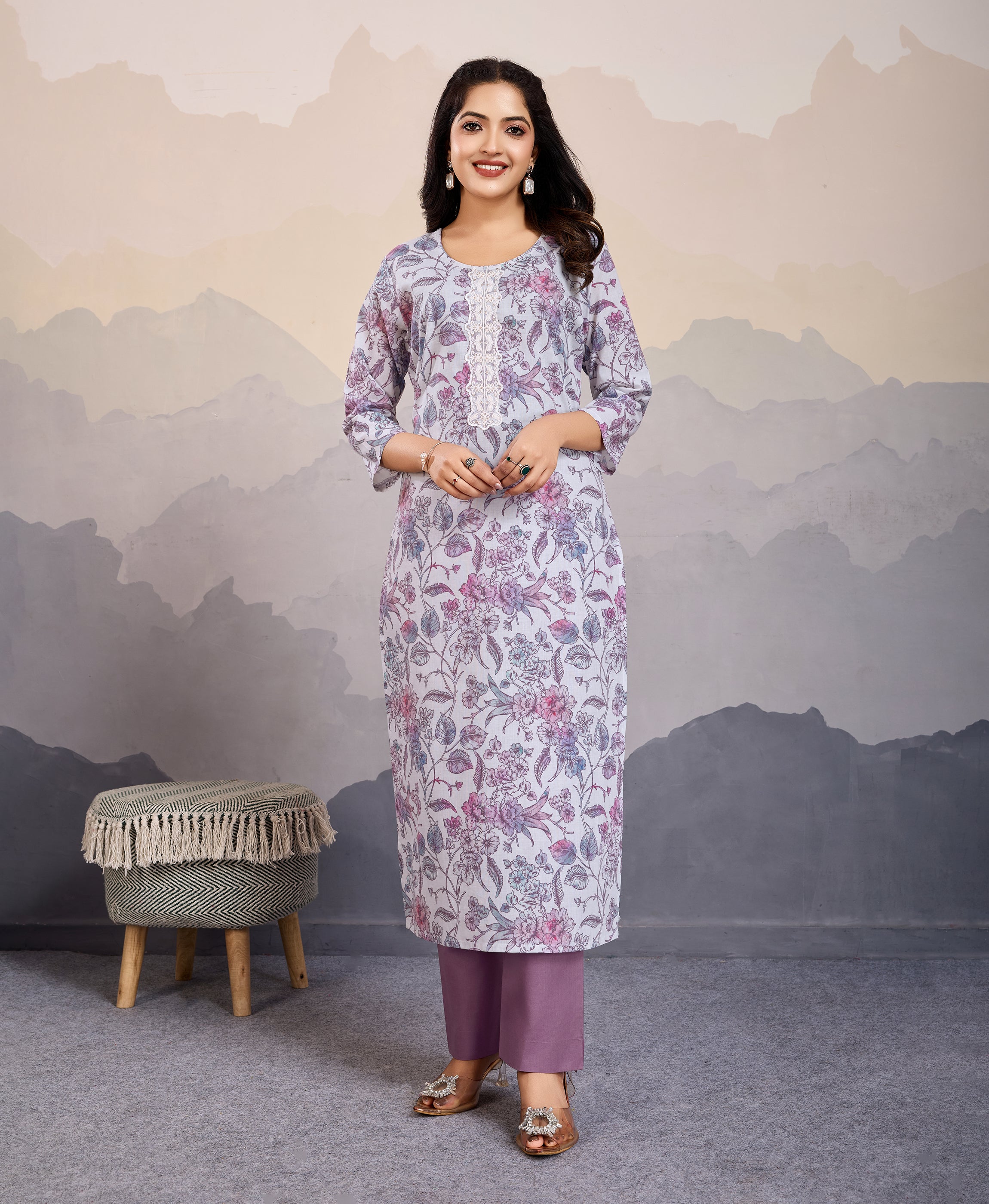 Lavender Cotton Straight Causal Kurta Set by Her Couture