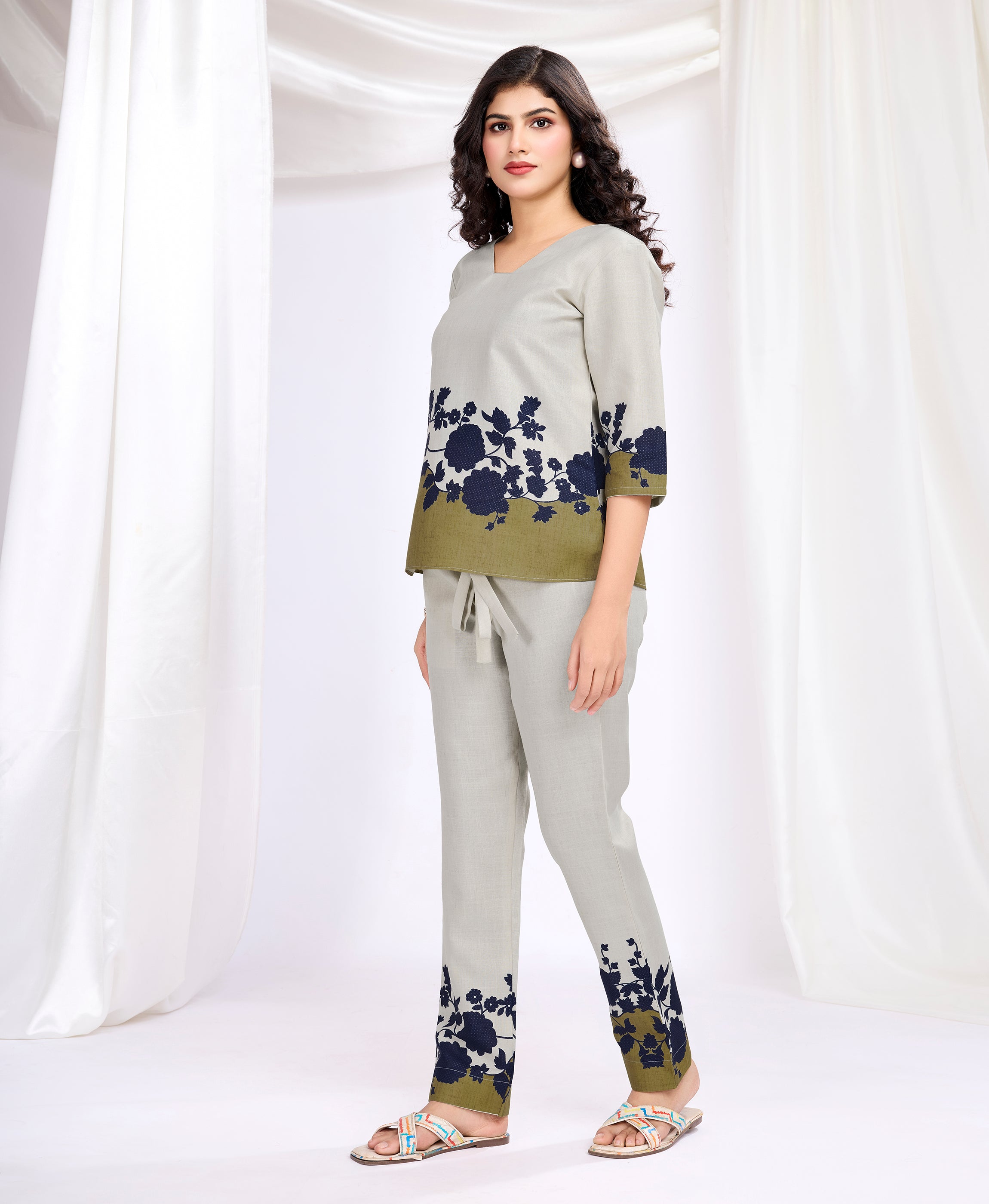 Her Couture Women's Ivory Linen Silk Floral Printed Causal Co-ord Set