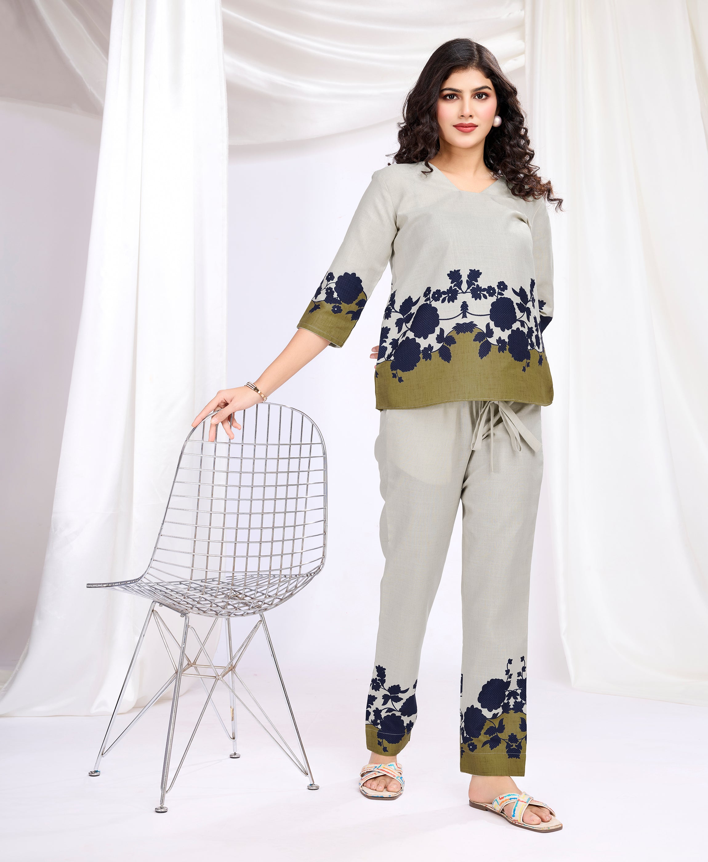 Her Couture Women's Ivory Linen Silk Floral Printed Causal Co-ord Set