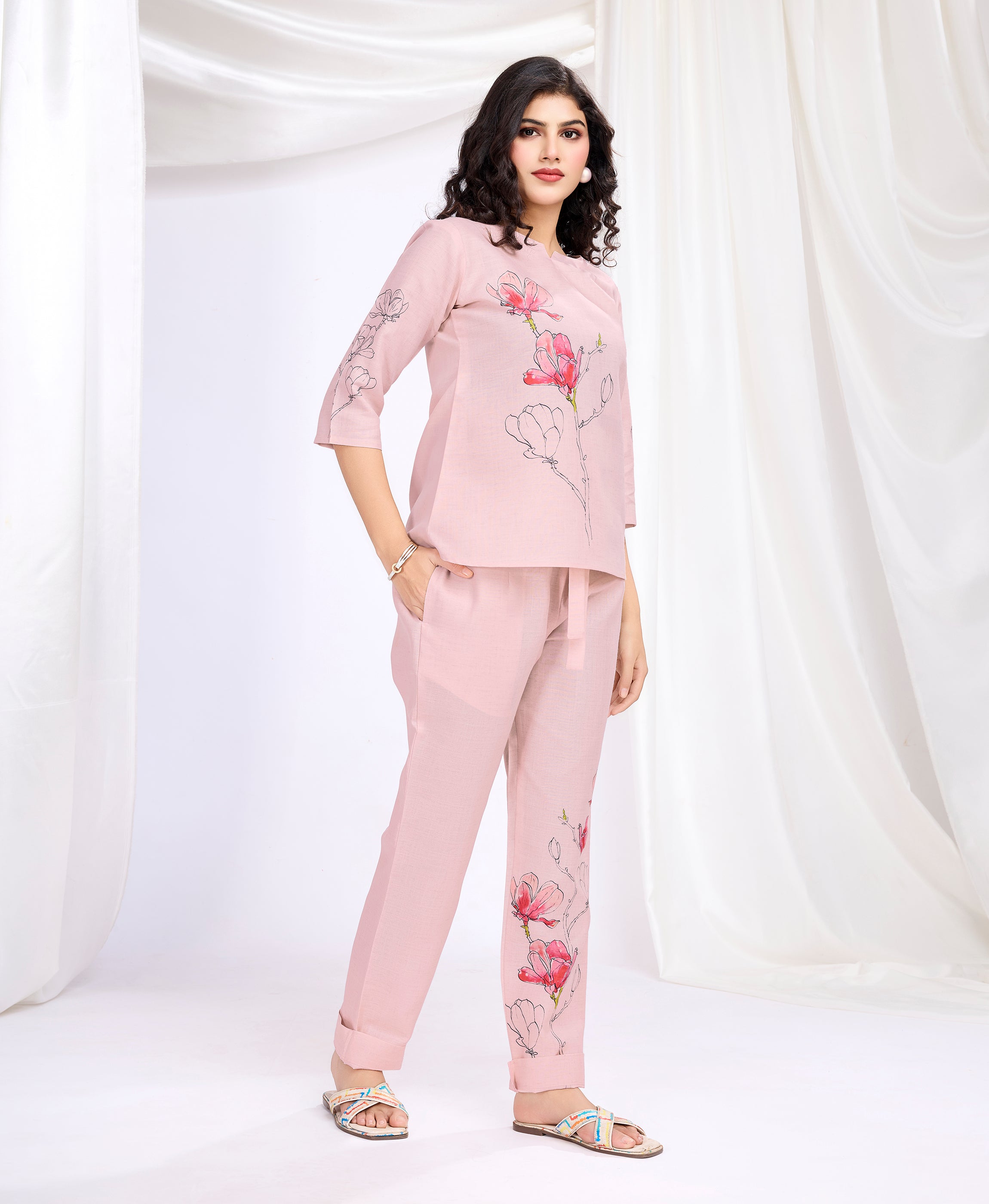 Her Couture Women's Pink Linen Silk Floral & Leaf Printed Causal Co-ord Set