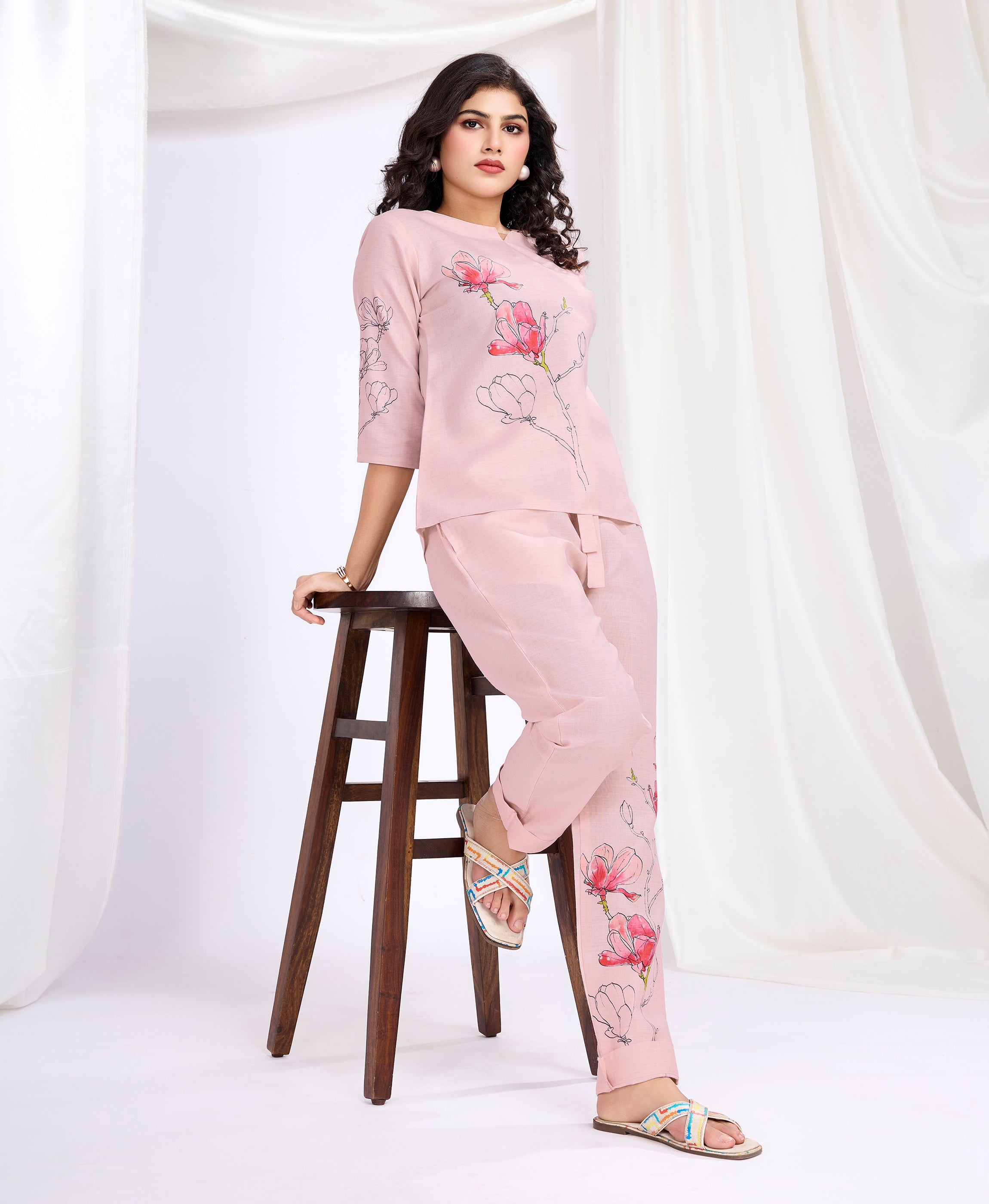 Her Couture Women's Pink Linen Silk Floral & Leaf Printed Causal Co-ord Set