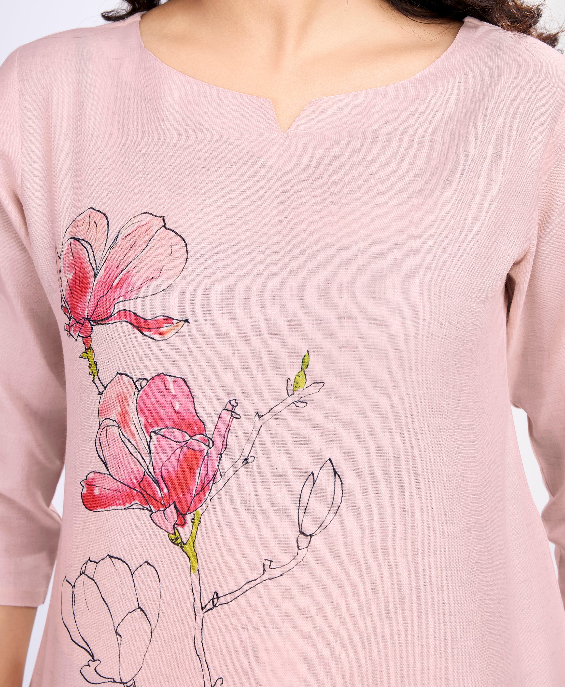 Her Couture Women's Pink Linen Silk Floral & Leaf Printed Causal Co-ord Set