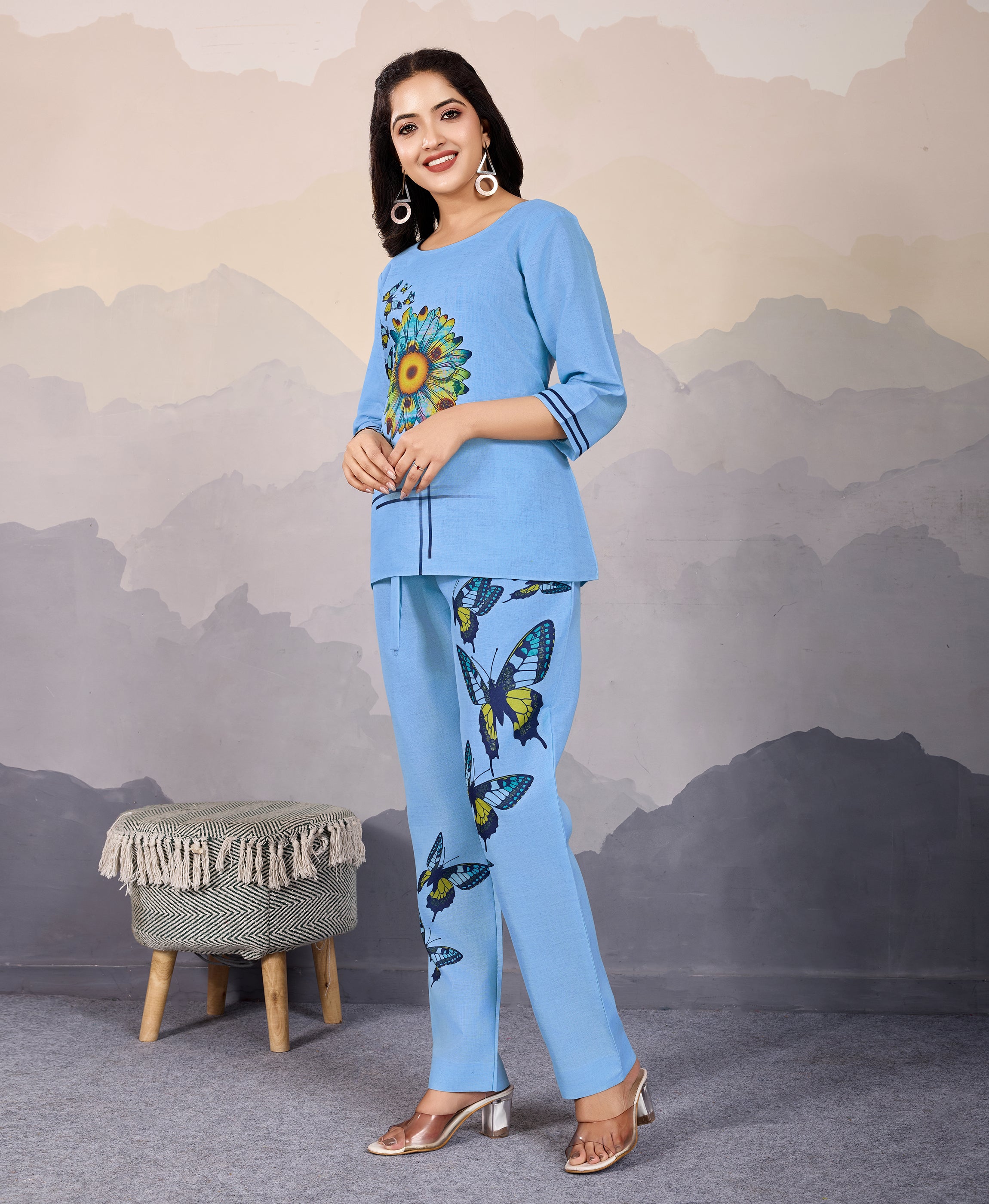 Her Couture Women's Sky Blue Linen Silk Butterfly Printed Causal Co-ord Set