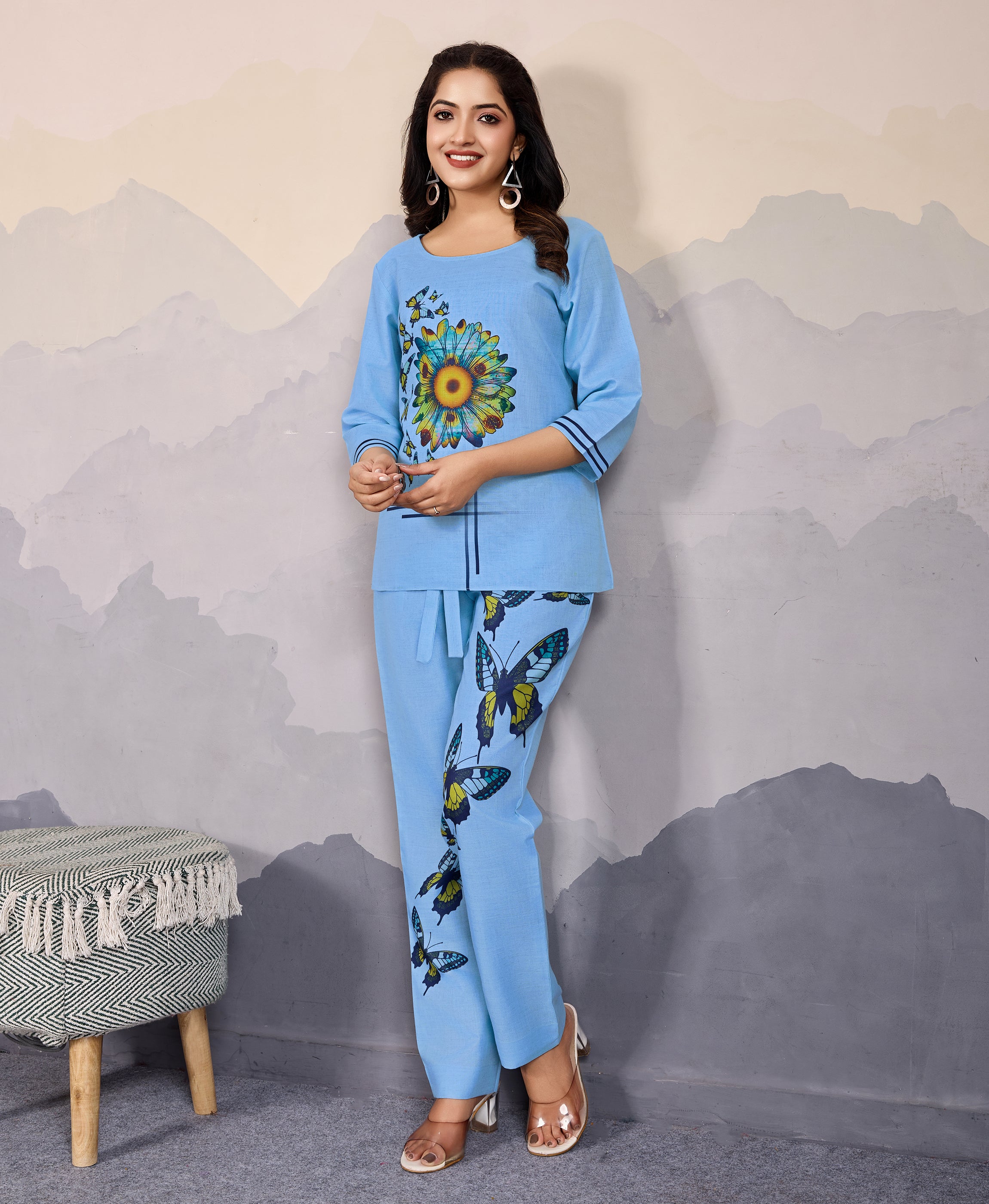 Her Couture Women's Sky Blue Linen Silk Butterfly Printed Causal Co-ord Set