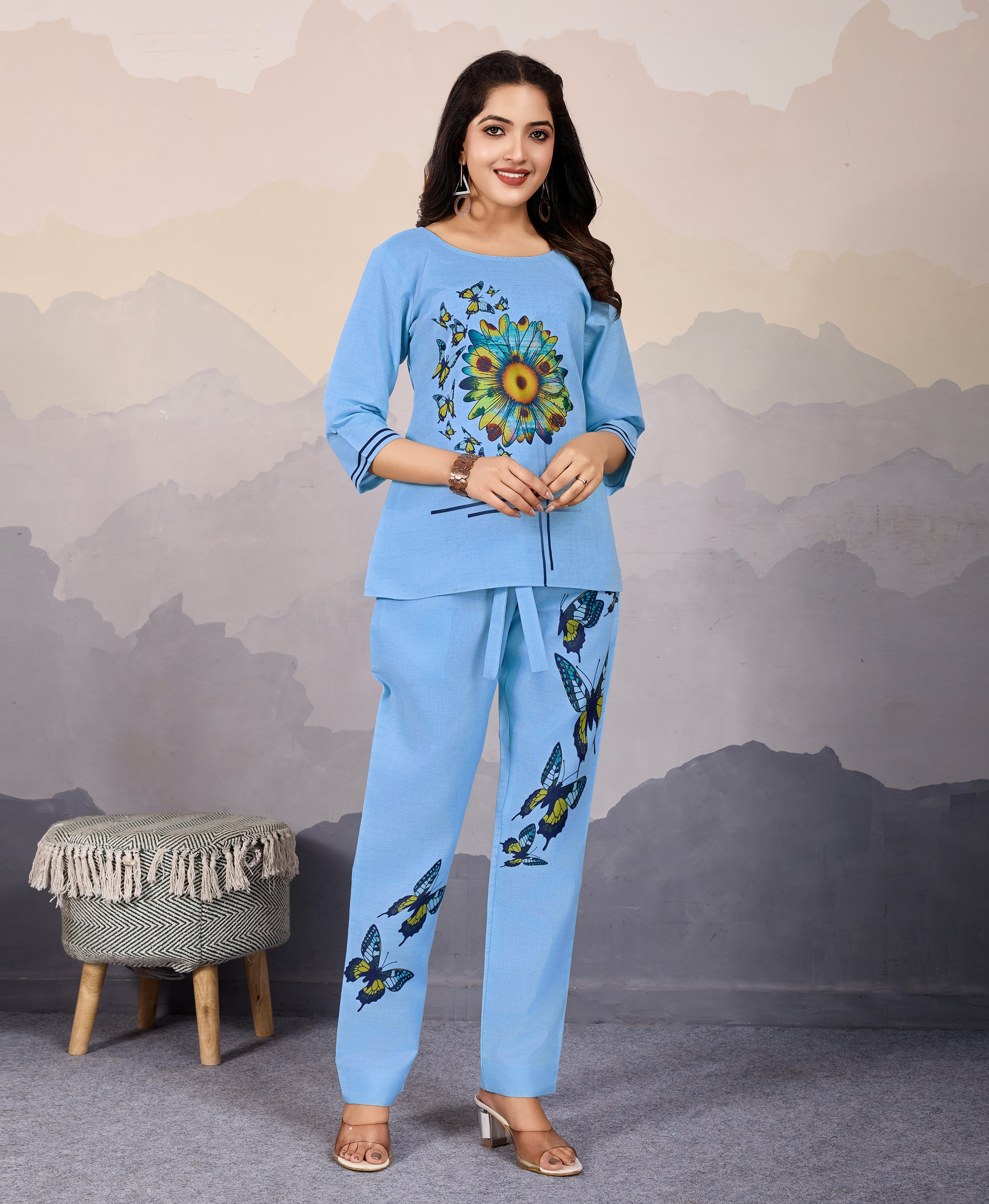 Her Couture Women's Sky Blue Linen Silk Butterfly Printed Causal Co-ord Set